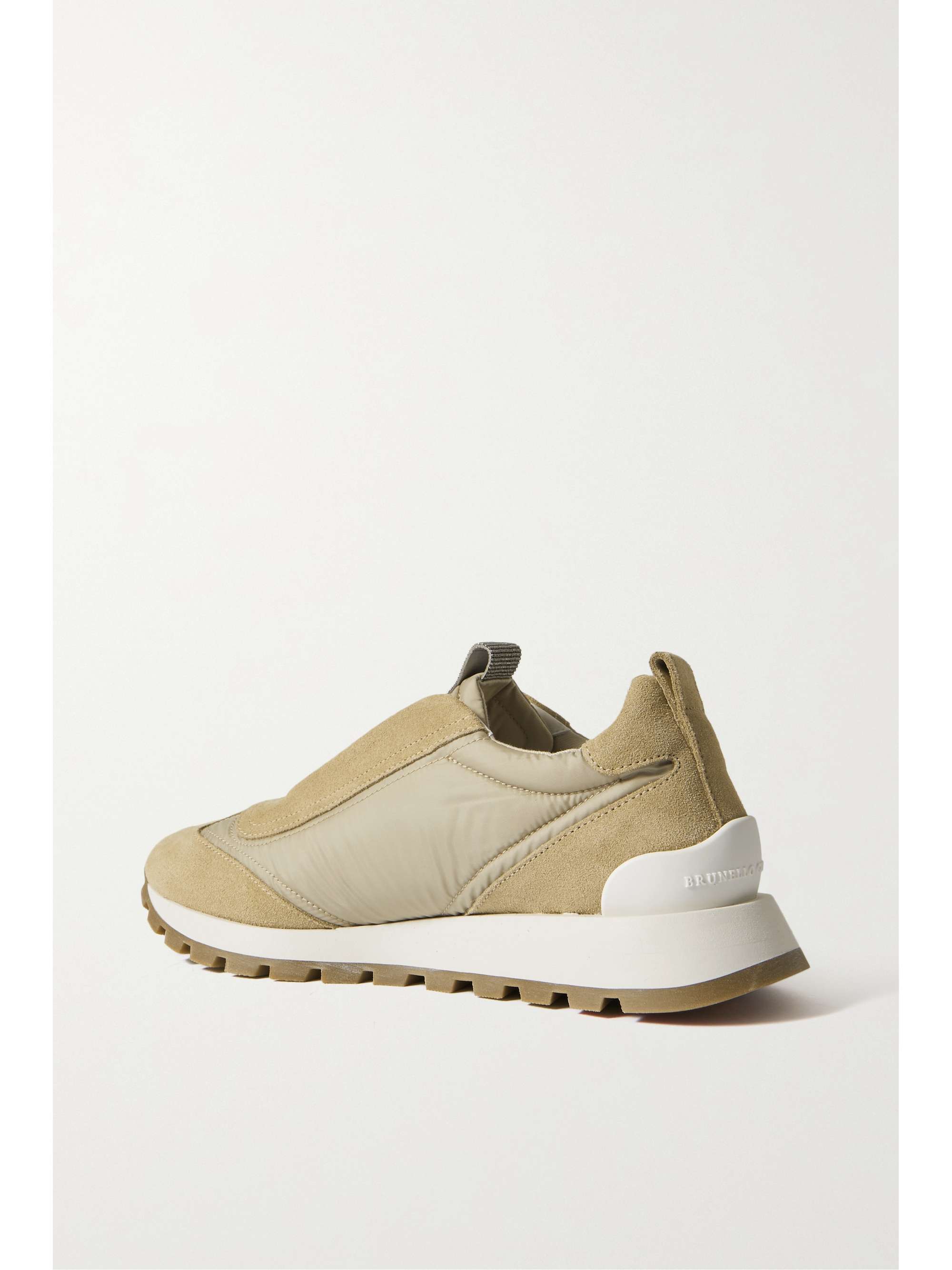 BRUNELLO CUCINELLI Bead-embellished suede-trimmed shell slip-on sneakers