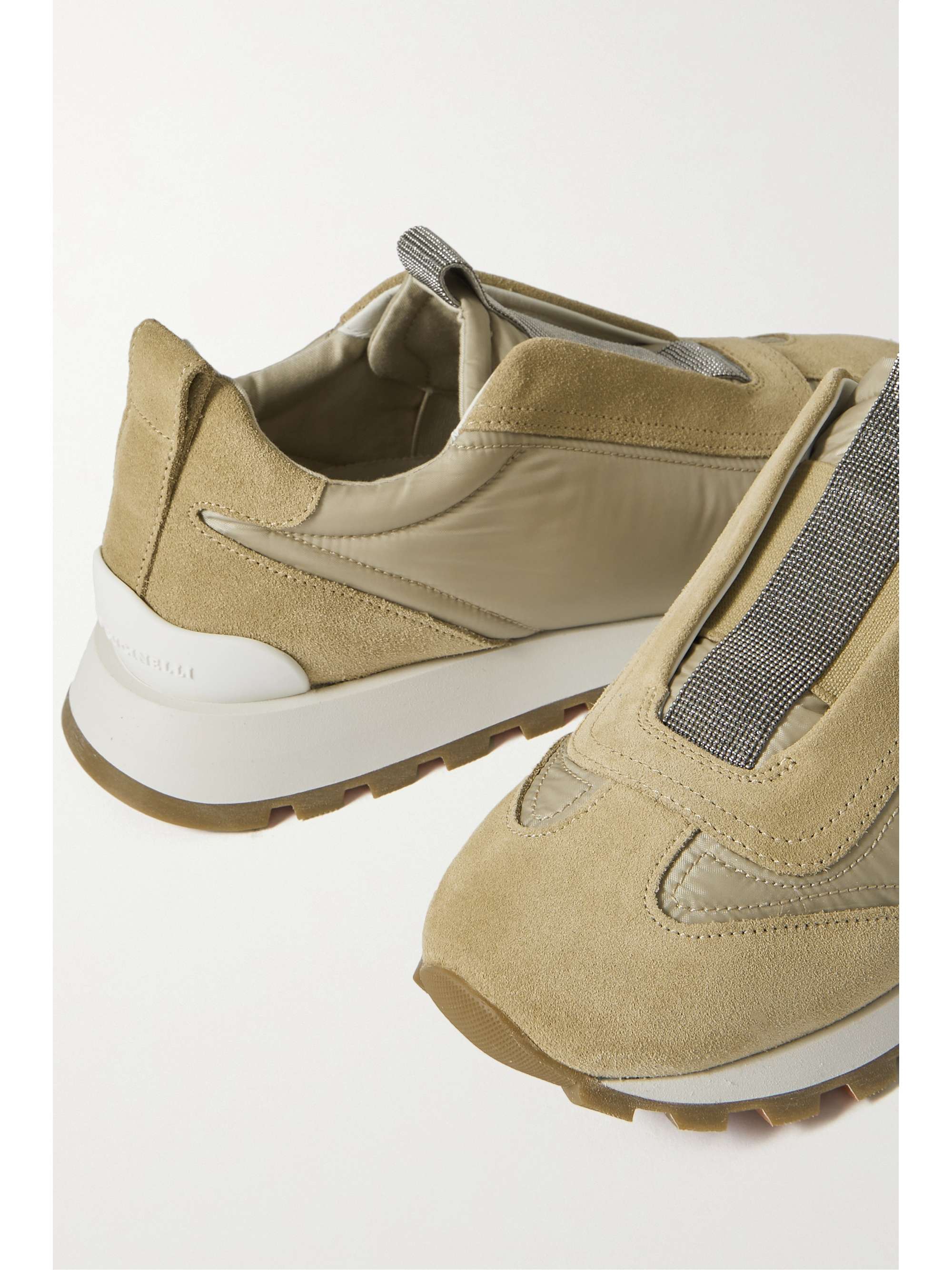 BRUNELLO CUCINELLI Bead-embellished suede-trimmed shell slip-on sneakers