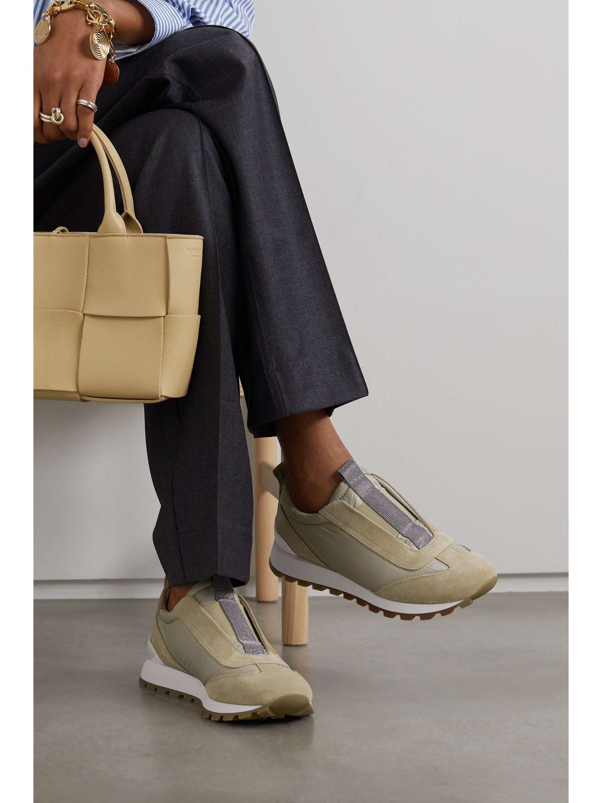 BRUNELLO CUCINELLI Bead-embellished suede-trimmed shell slip-on sneakers
