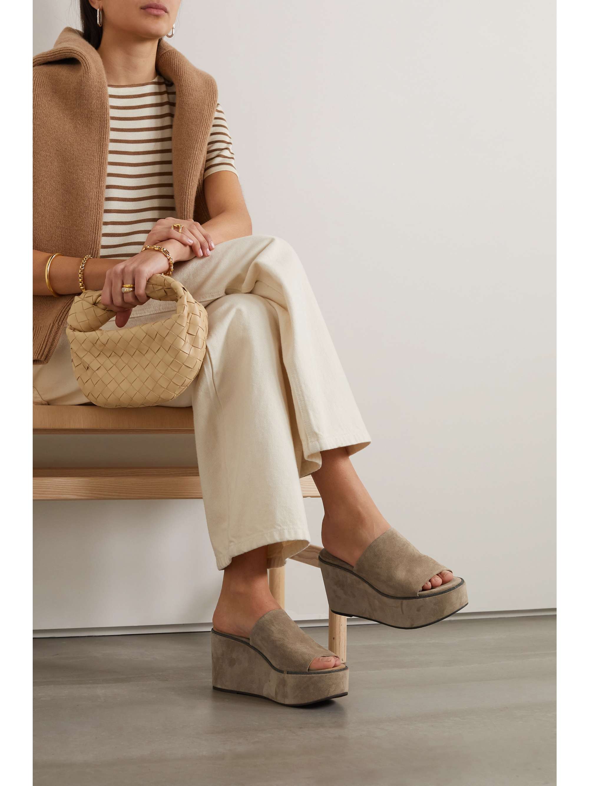 BRUNELLO CUCINELLI Bead-embellished suede wedge mules | NET-A-PORTER