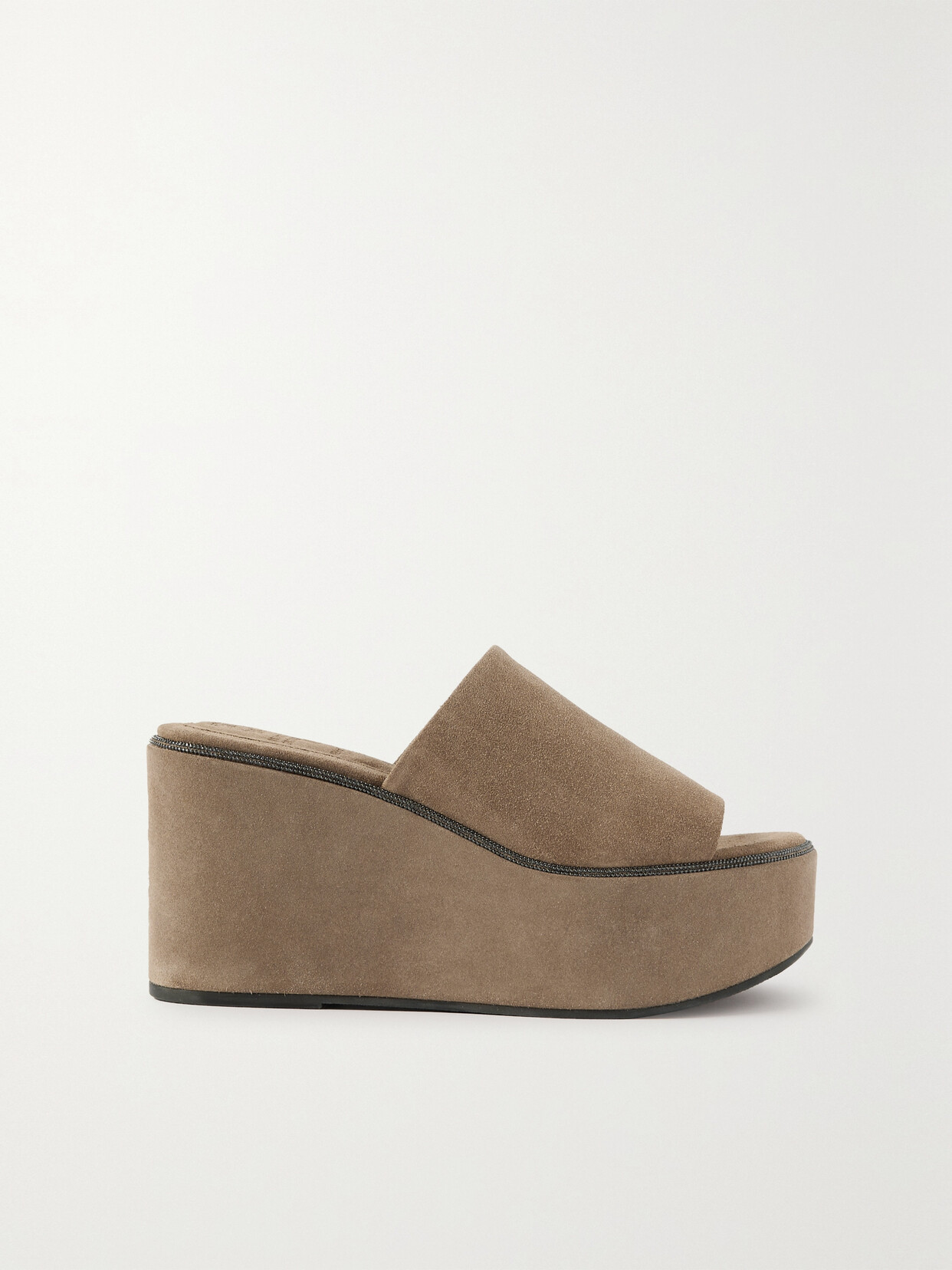 Brunello Cucinelli - Bead-embellished Suede Wedge Mules - Neutrals