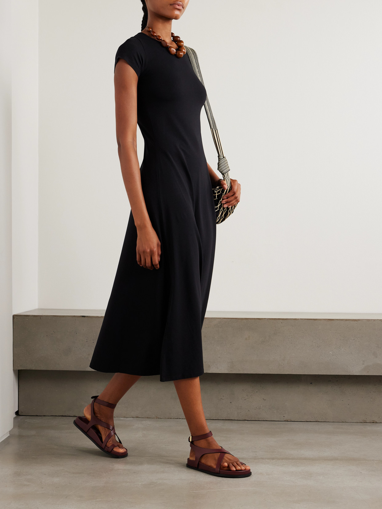 Another Tomorrow Short-sleeve Jersey Midi-dress In Black