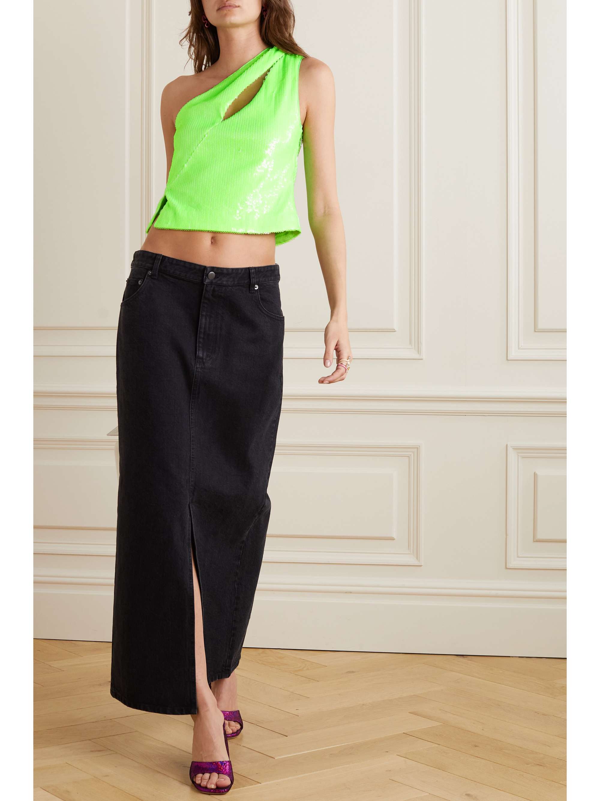 ROTATE BIRGER CHRISTENSEN Haut asymétrique raccourci en résille recyclée à sequins Anatasis