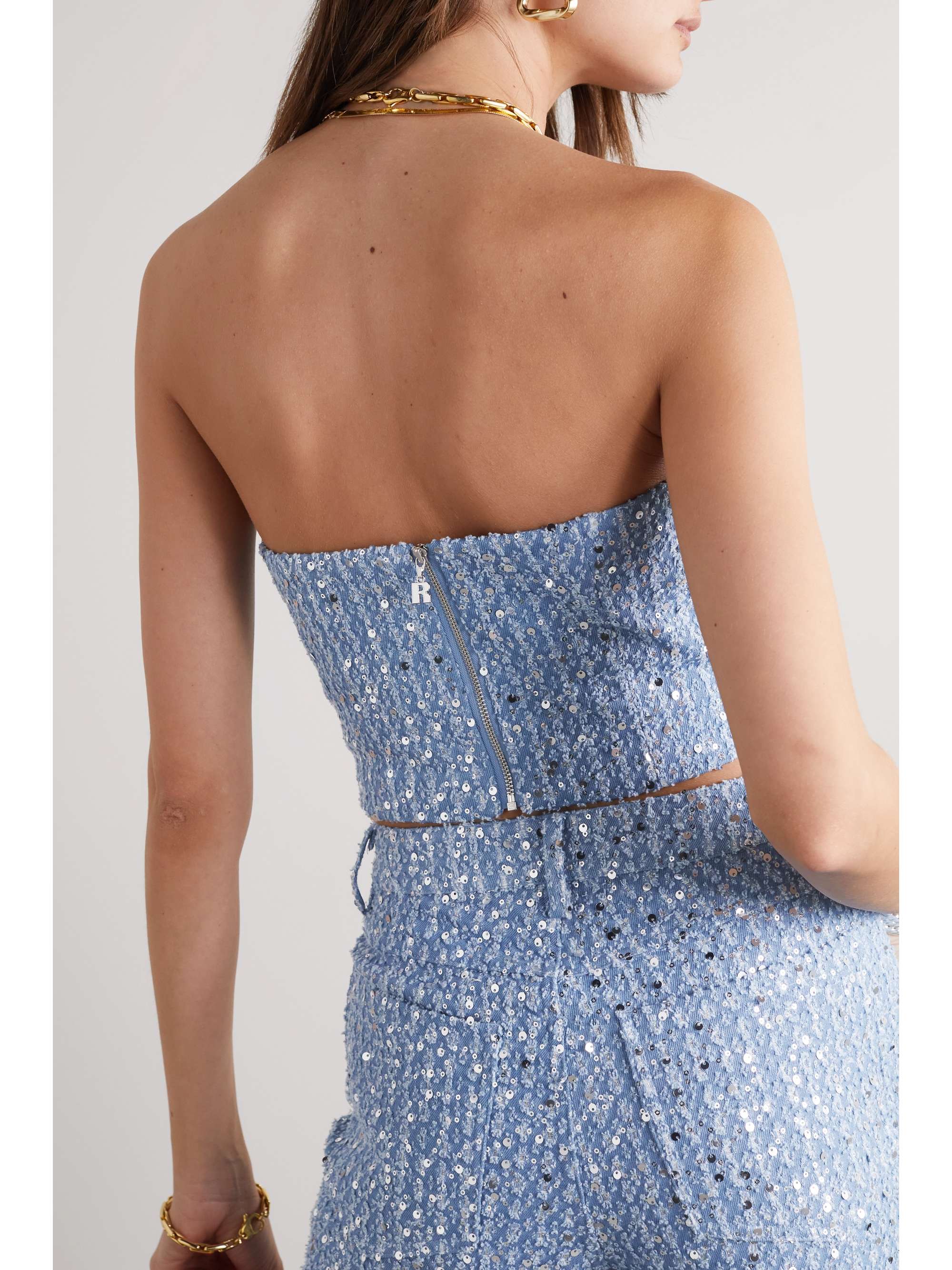 ROTATE BIRGER CHRISTENSEN Haut bustier raccourci en jean à sequins Emili