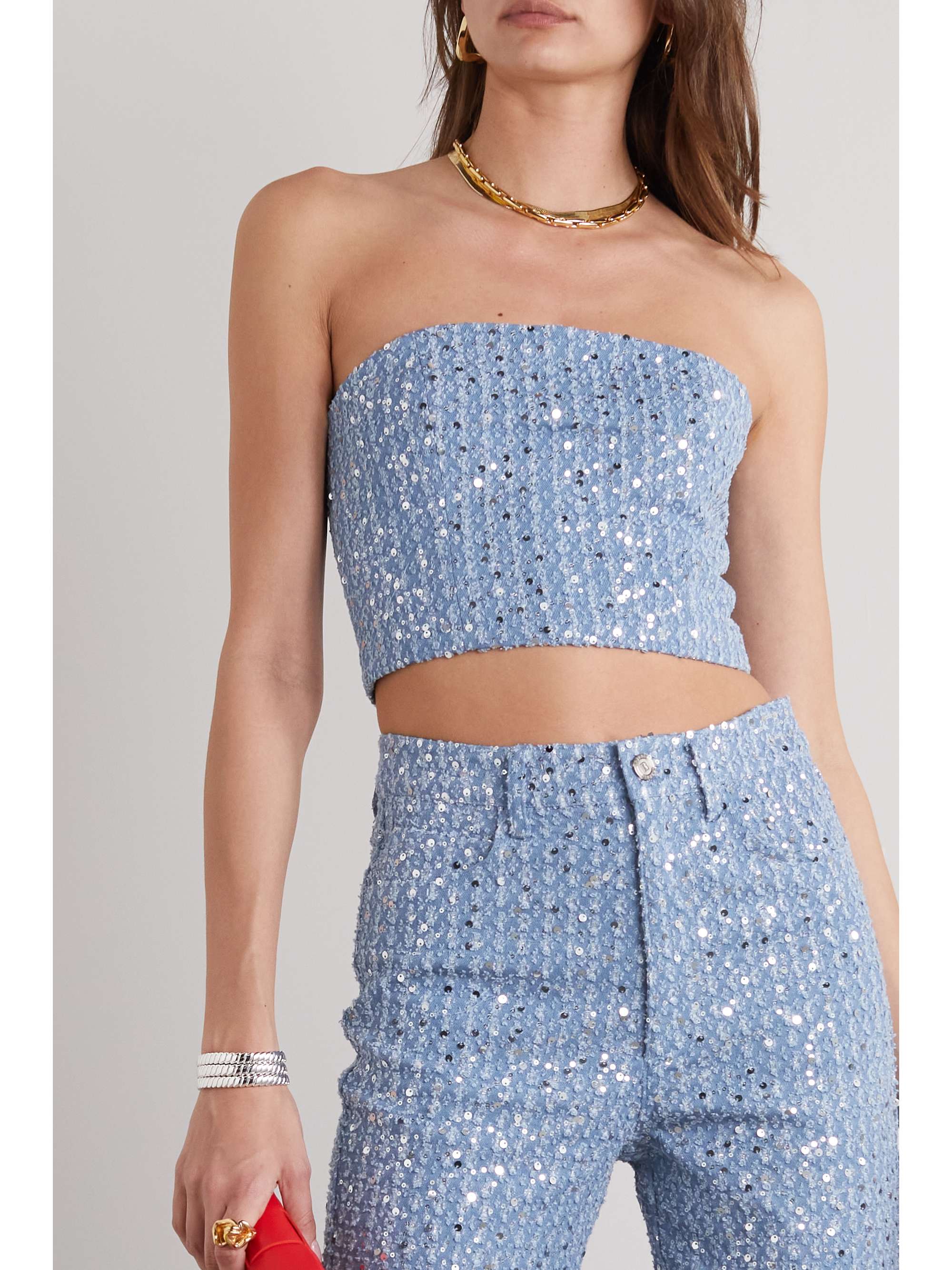 ROTATE BIRGER CHRISTENSEN Haut bustier raccourci en jean à sequins Emili