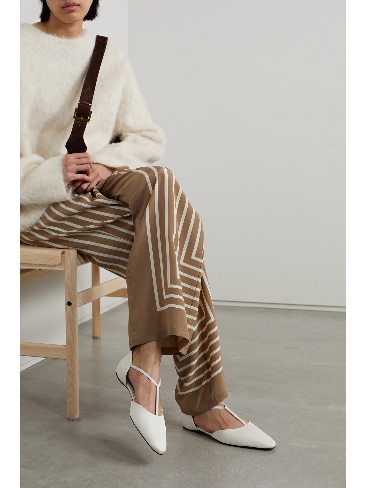 Totême The T-strap Faille Point-toe Flats In Ivory