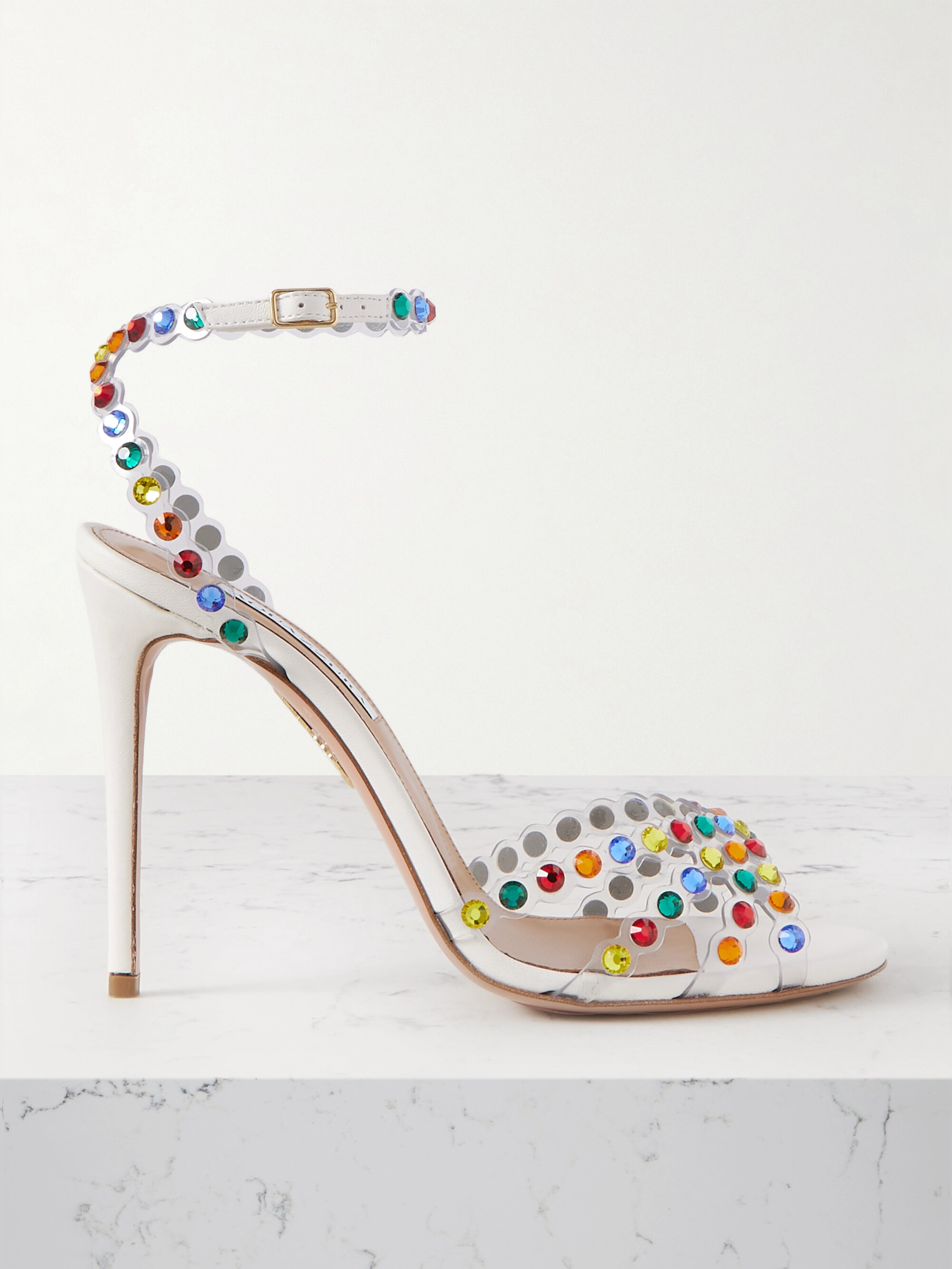 AQUAZZURA Tequila Plexi 105 leather-trimmed crystal-embellished PVC sandals