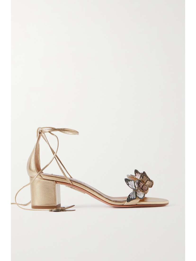Aquazzura Papillon 50 Embellished Metallic Leather Sandals