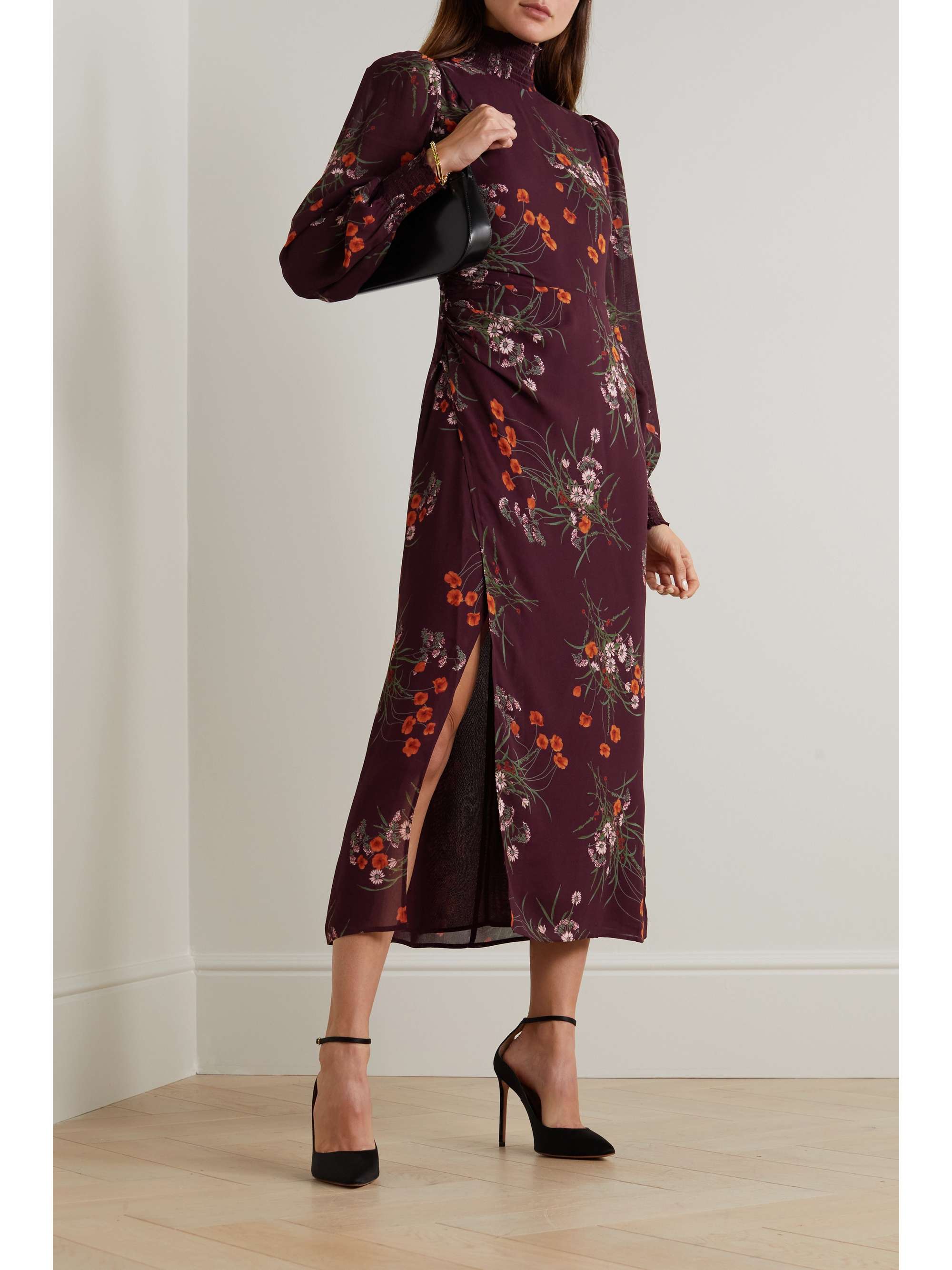 REFORMATION Aude floral-print smocked georgette turtleneck midi dress