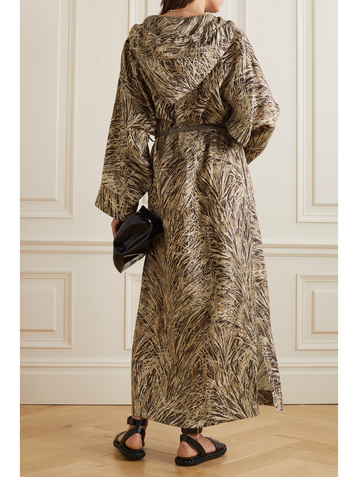 Loro Piana Lauraine Belted Printed Hooded Linen Maxi Dress In Brown