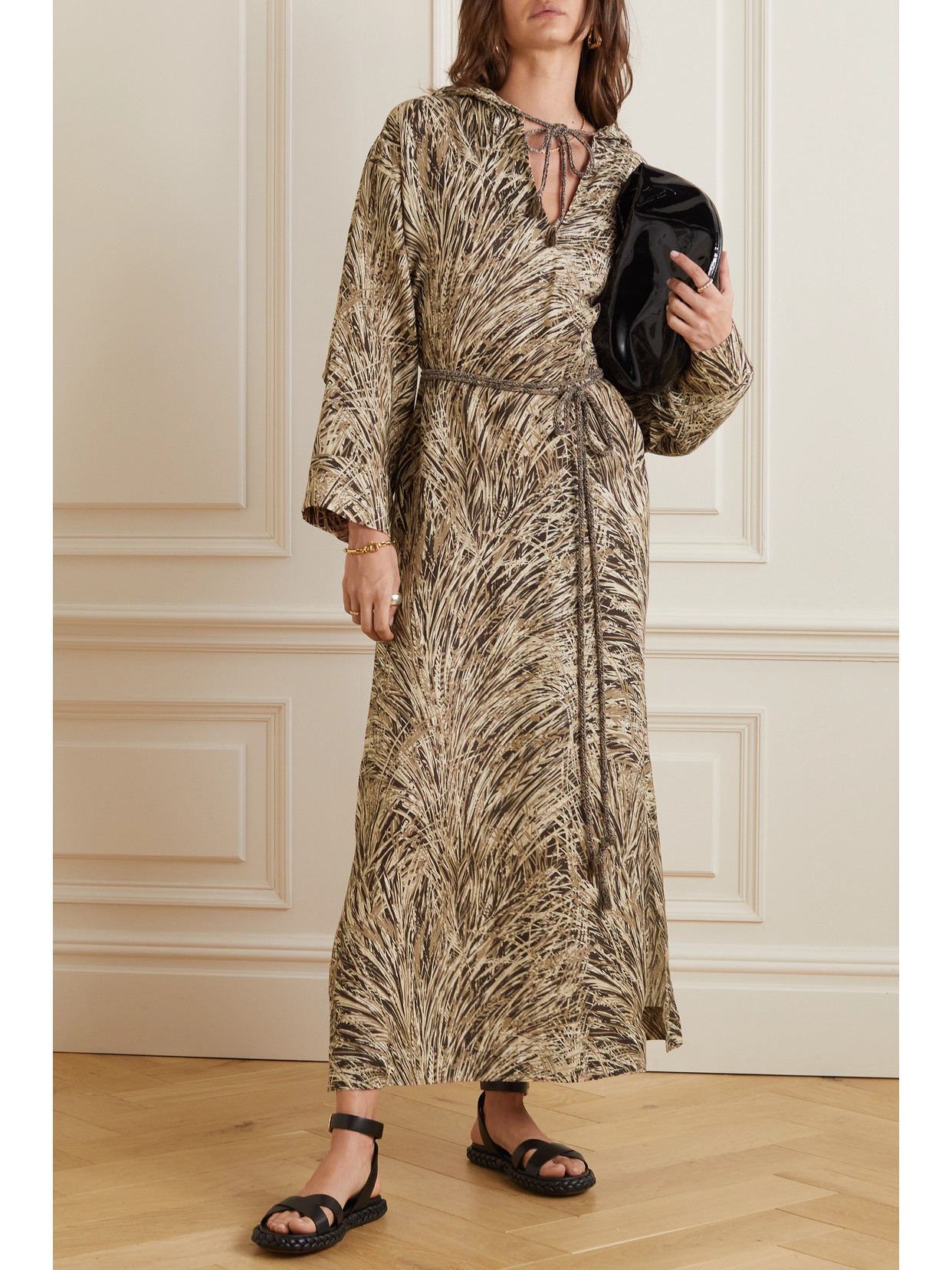 Loro Piana Lauraine Belted Printed Hooded Linen Maxi Dress In Brown