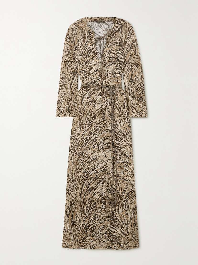 Loro Piana Lauraine Belted Printed Hooded Linen Maxi Dress