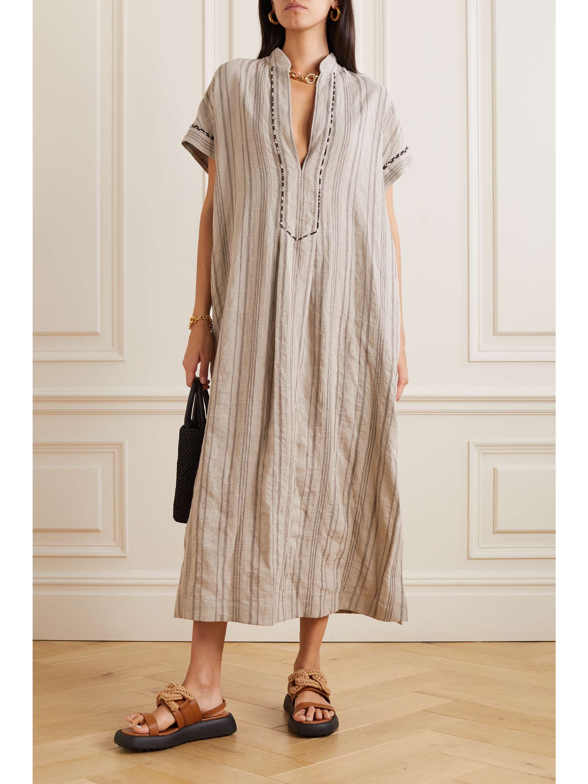 LORO PIANA Katia belted embroidered linen maxi dress