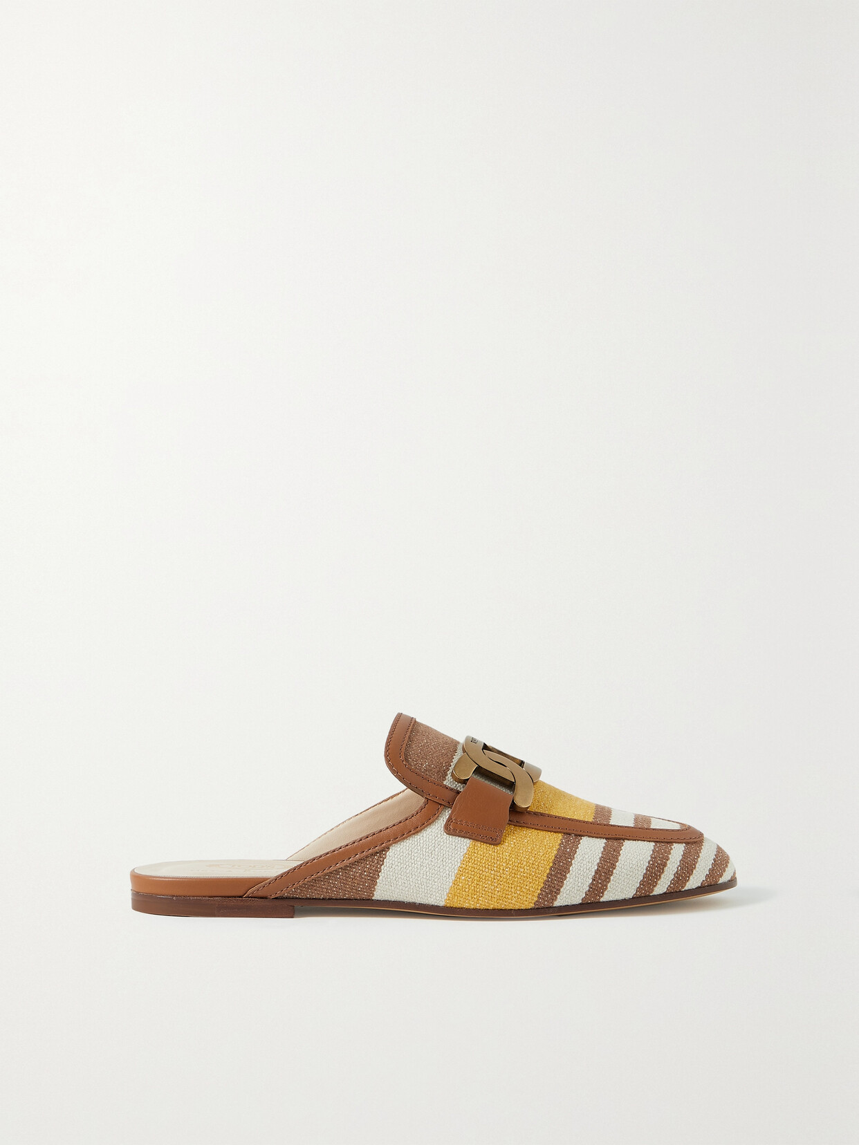 Tod's - Embellished Leather-trimmed Striped Canvas Slippers - Brown