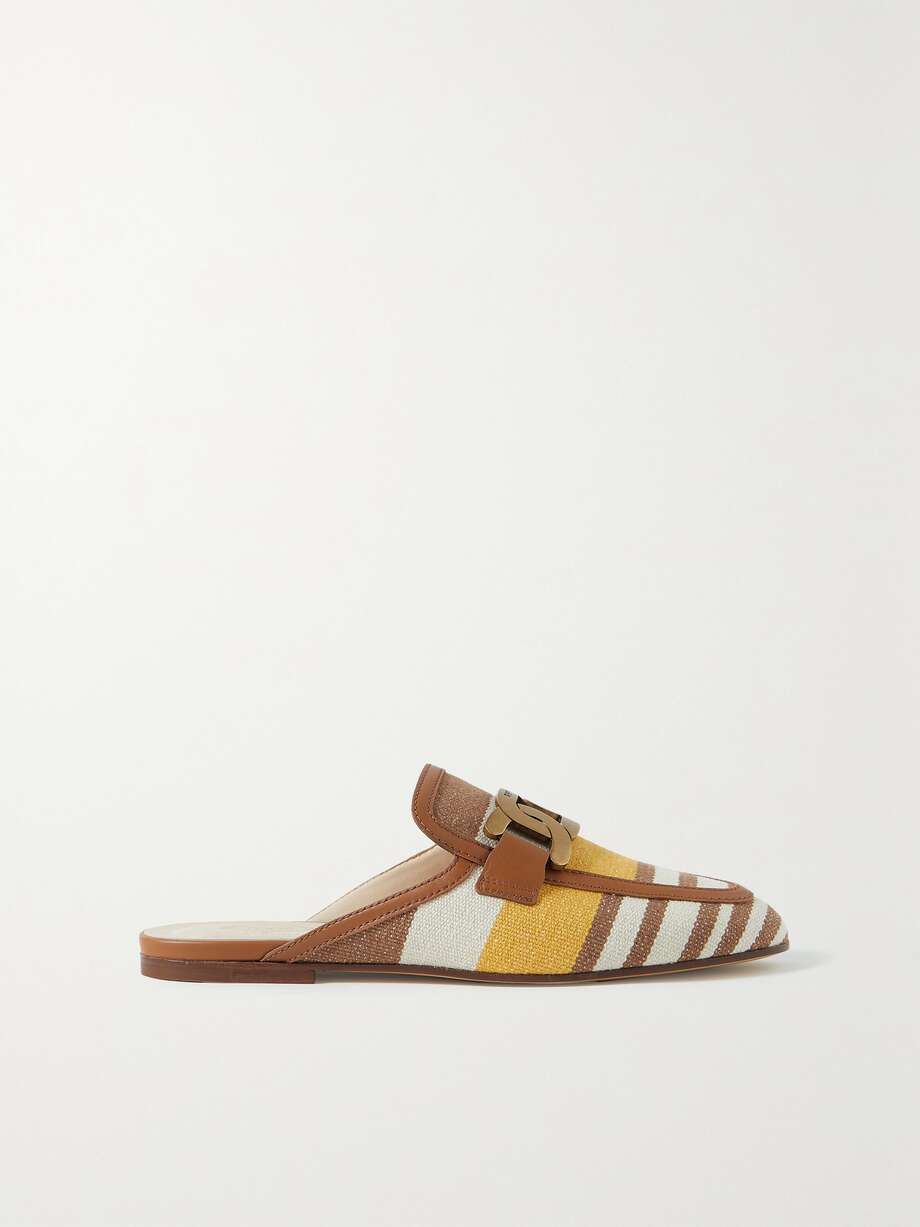 net-a-porter.com | Embellished Leather-Trimmed Striped Canvas Slippers