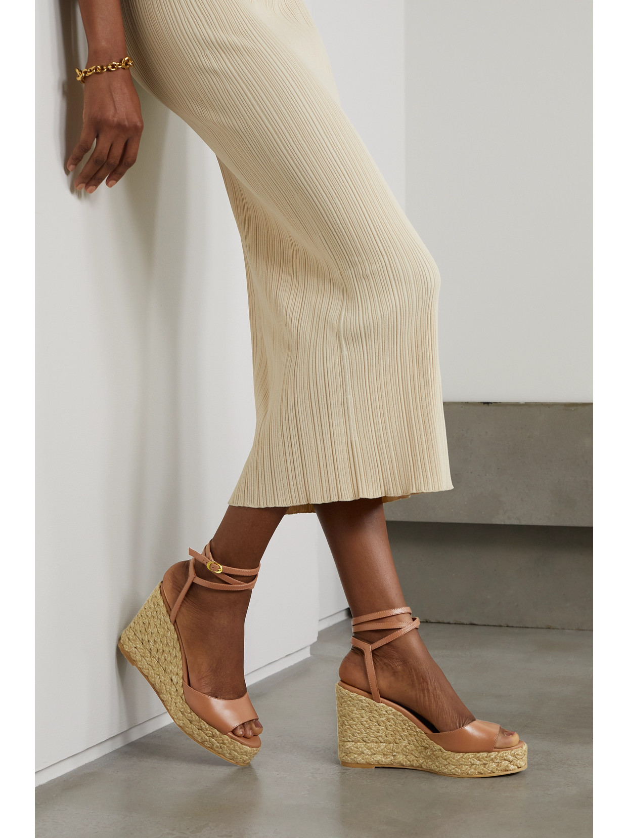 Stuart Weitzman Barelynude Leather Espadrille Wedge Sandals In Brown