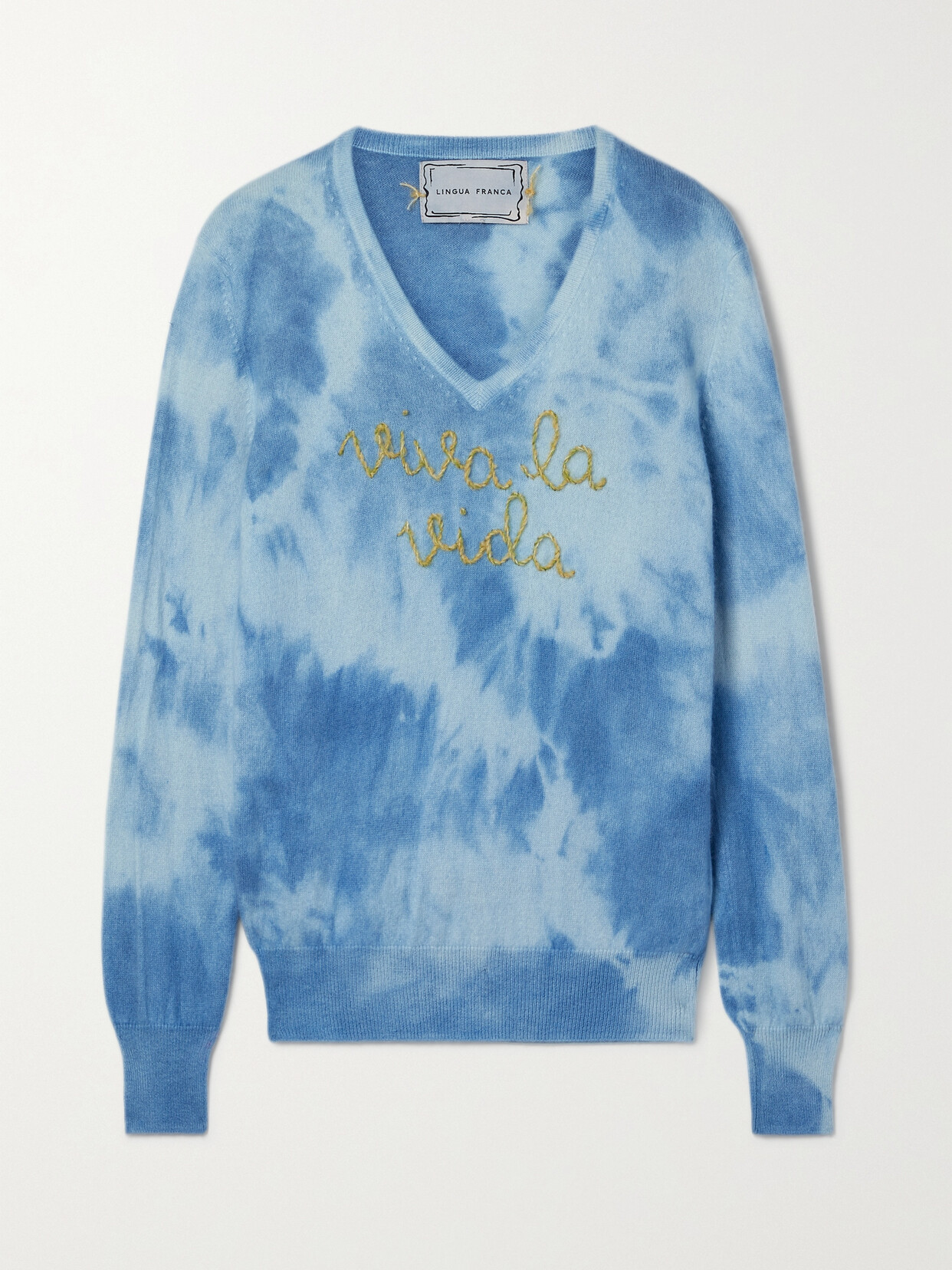 Lingua Franca - Viva La Vida Embroidered Tie-dyed Cashmere Sweater - Blue