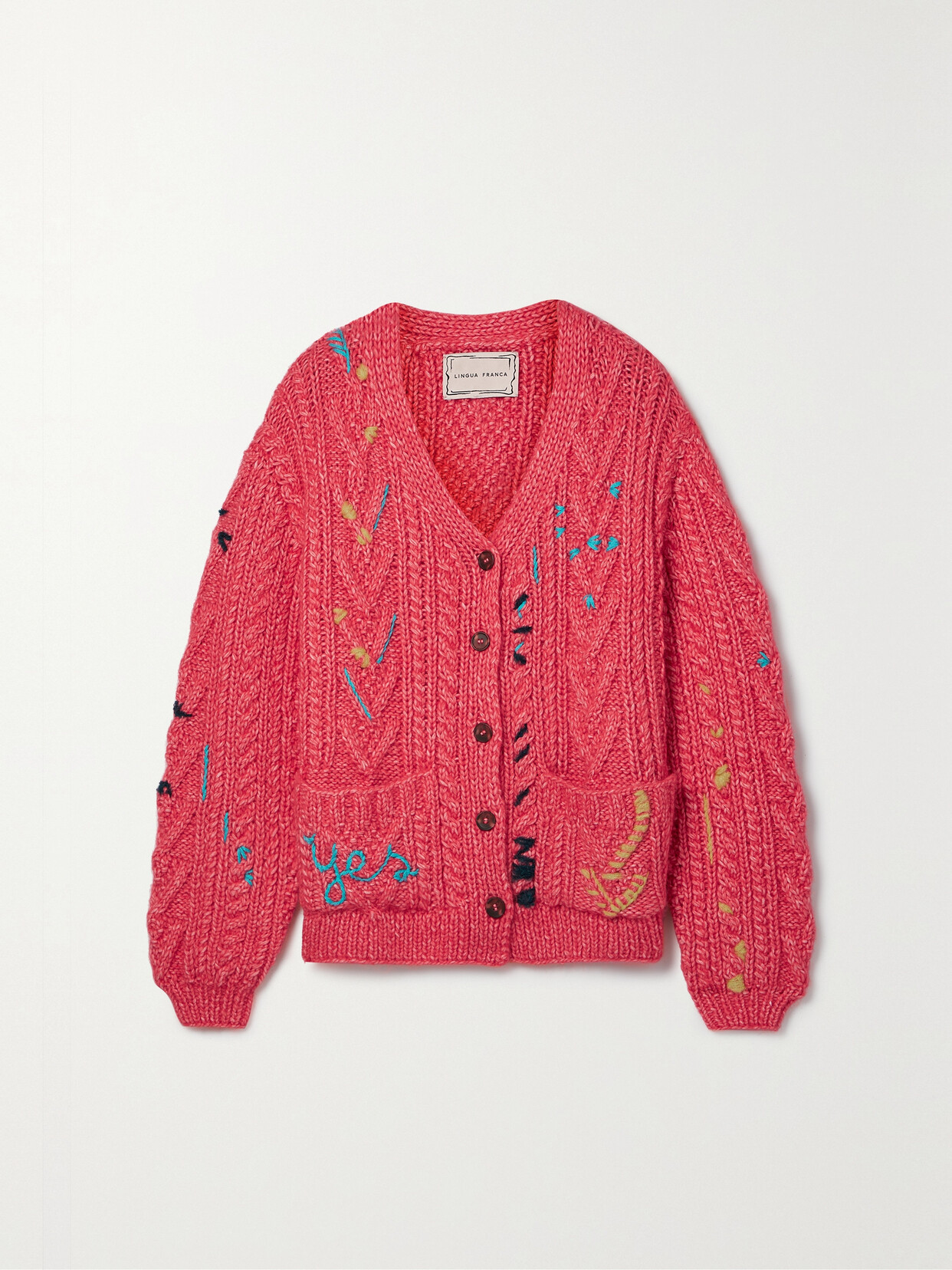 Lingua Franca - Embroidered Cable-knit Pima Cotton, Alpaca And Merino Wool-blend Cardigan - Orange