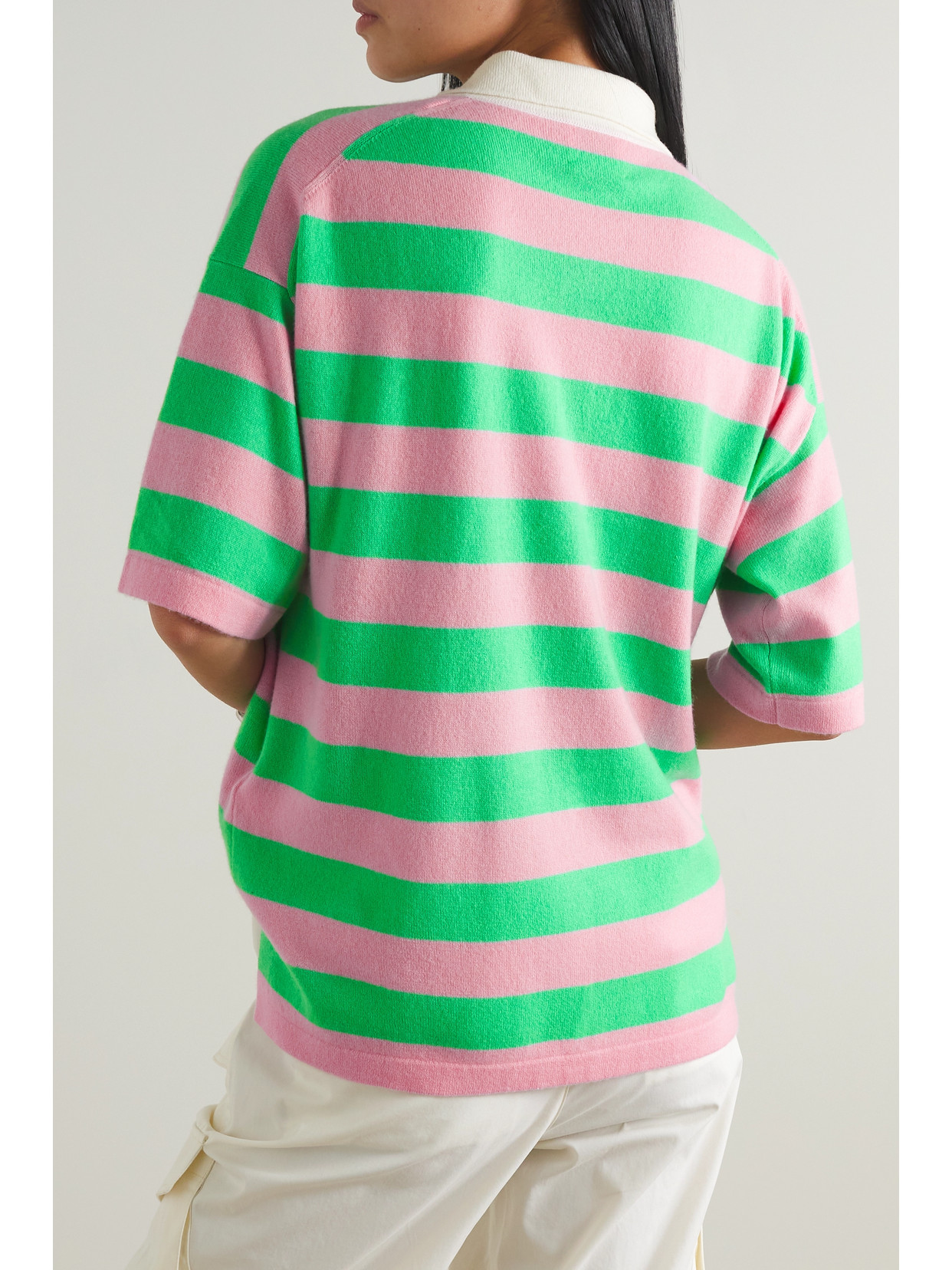 Allude Striped Wool And Cashmere-blend Polo Sweater In Pink