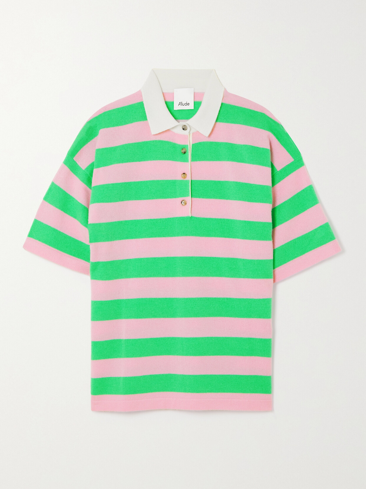Allude Striped Wool And Cashmere-blend Polo Sweater In Pink