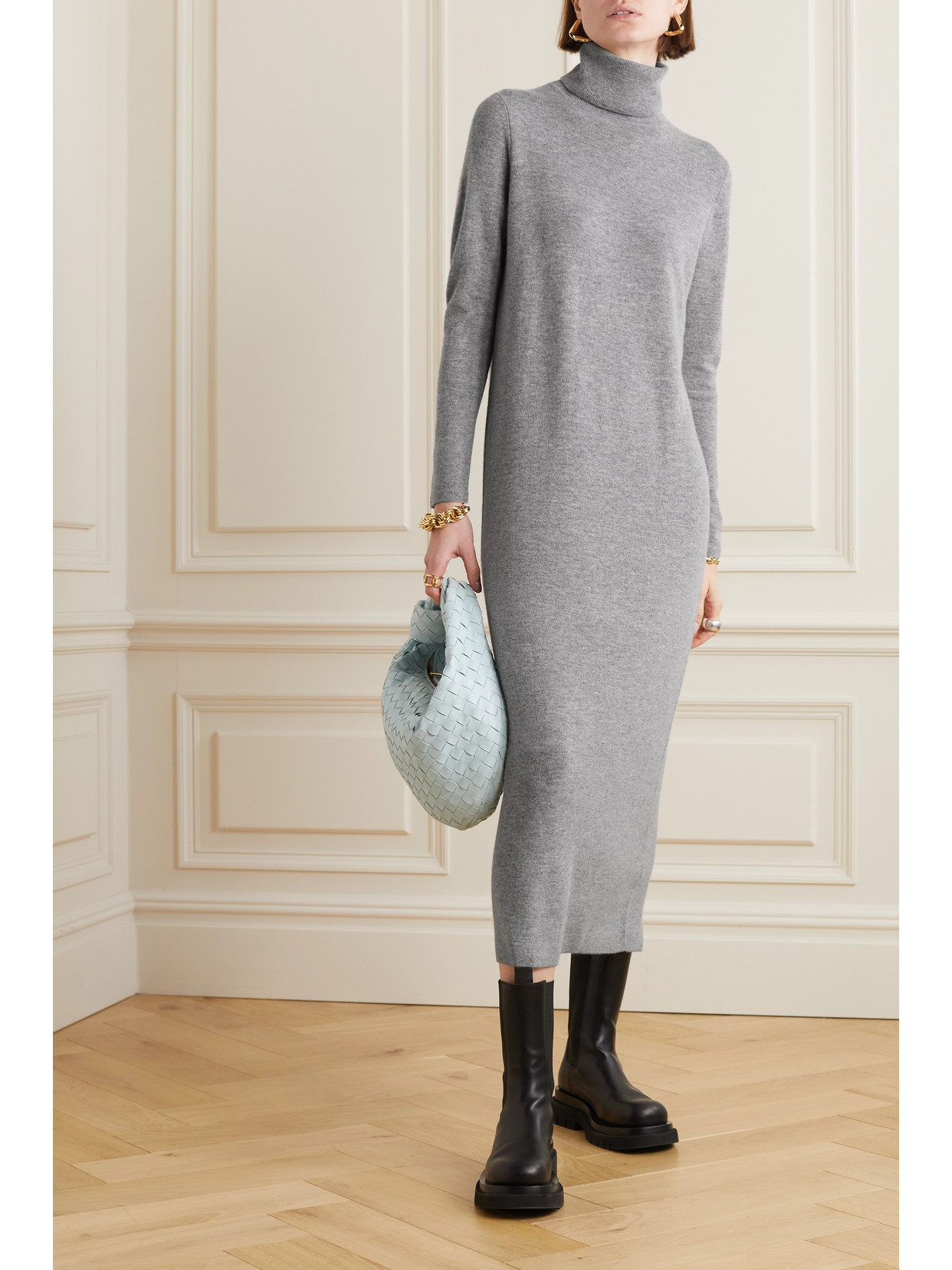 Allude Wool And Cashmere-blend Turtleneck Midi Dress In Gray