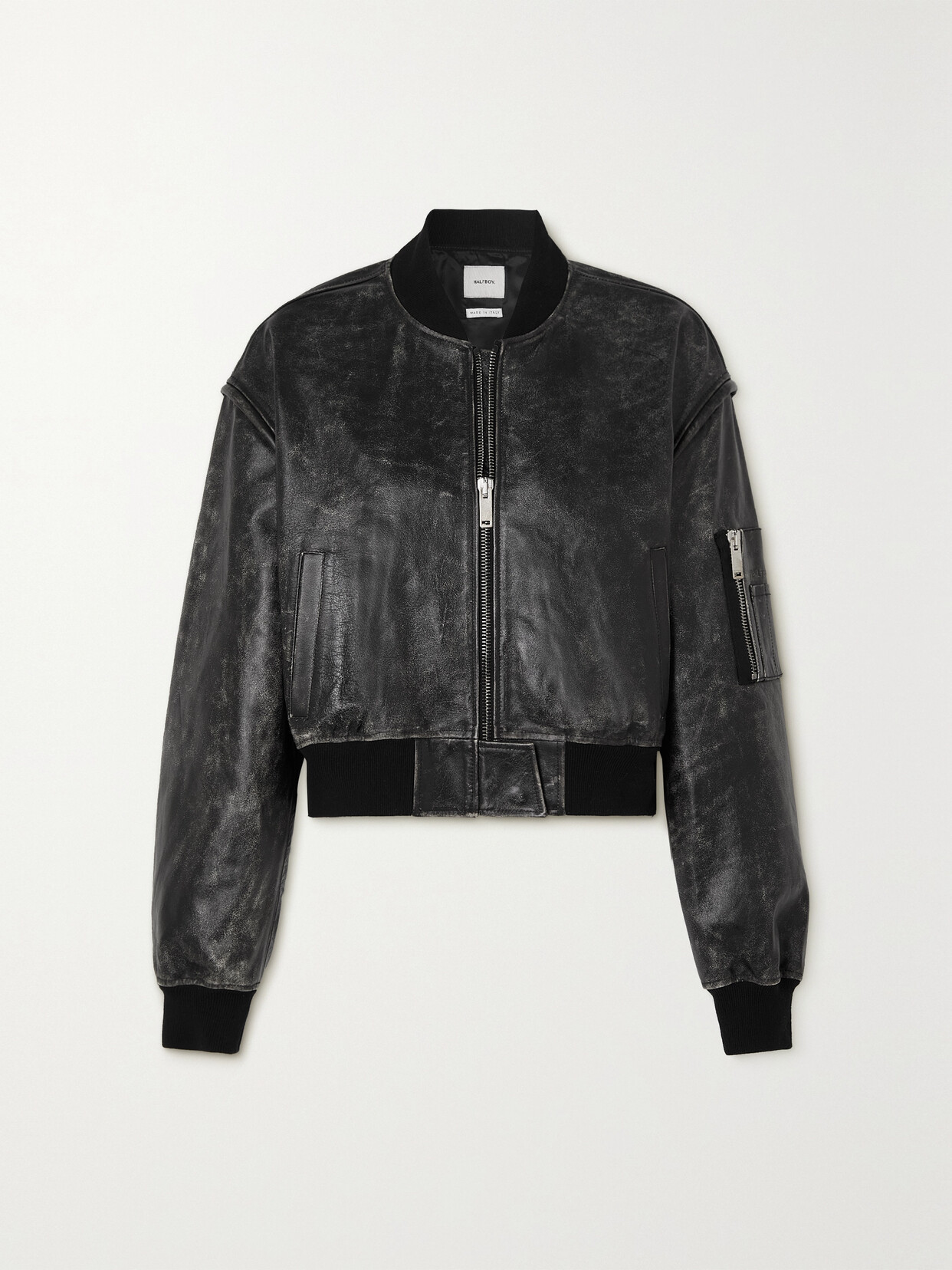 HALFBOY - Cropped Distressed Leather Bomber Jacket - Black