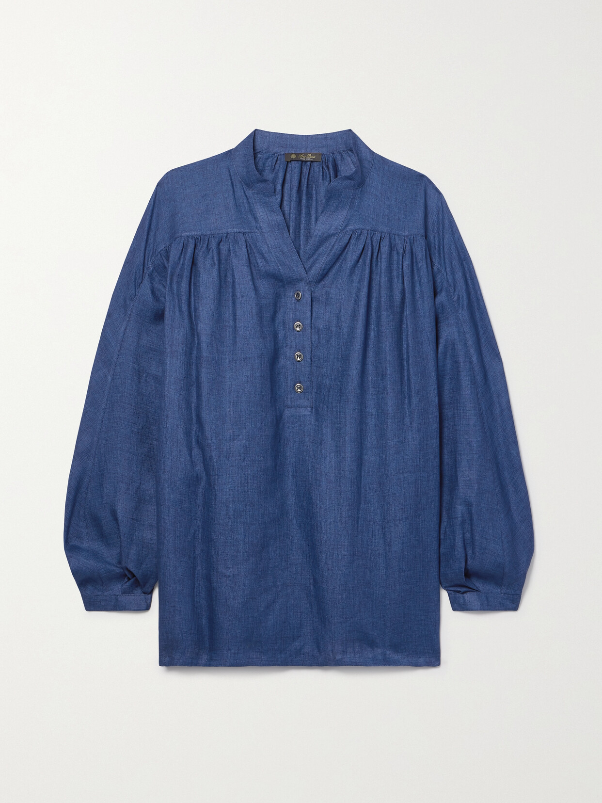 Loro Piana Zoey Gathered Linen Blouse In Blue