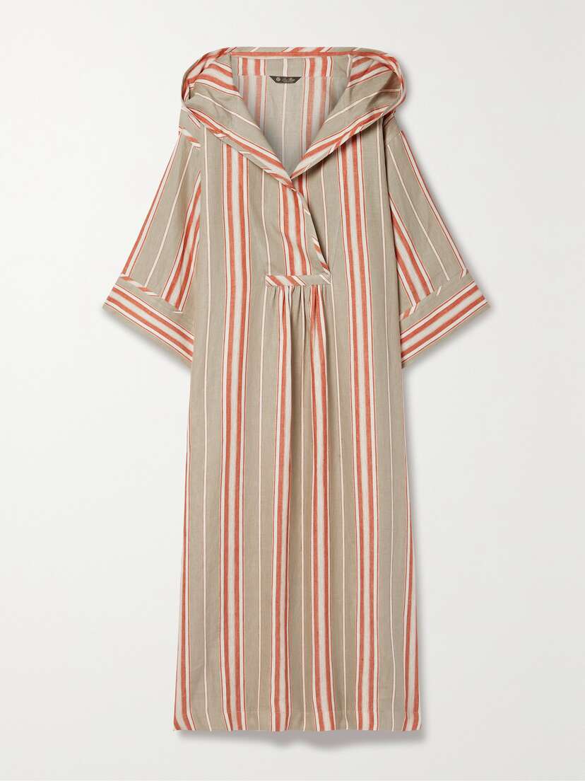 Loro Piana Oversized Striped Hooded Linen Maxi Dress