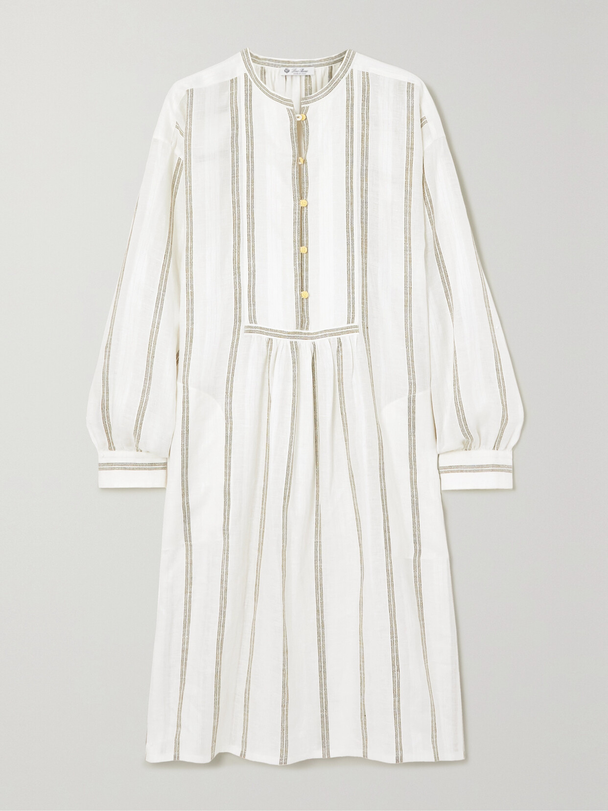 Shop Loro Piana Pleated Striped Linen Midi Dress In Off-white