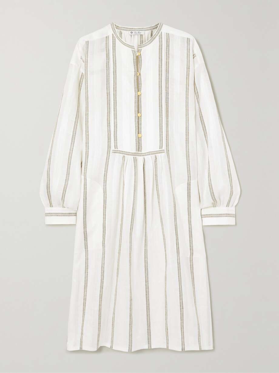 pleated striped linen midi dress