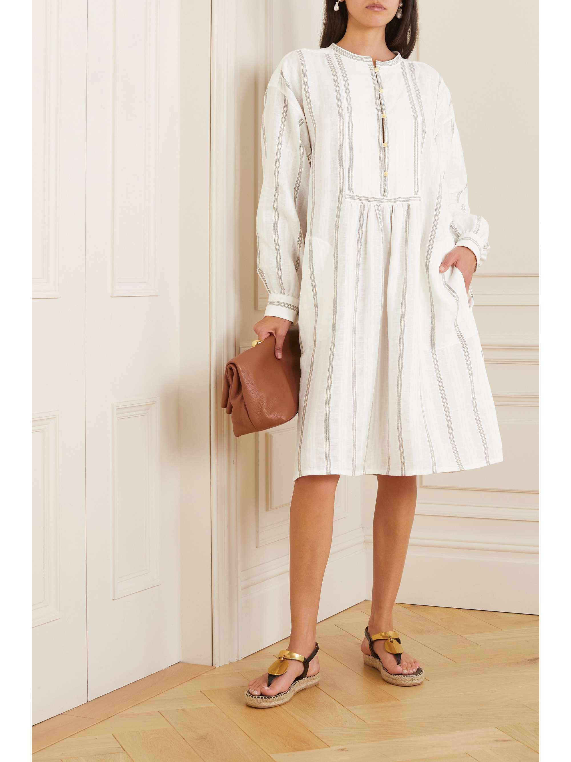 LORO PIANA Pleated striped linen midi dress | NET-A-PORTER