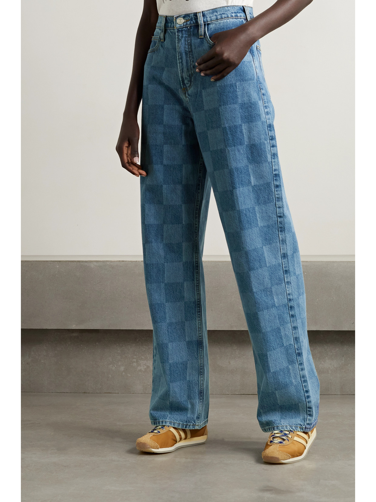 Frame Le High N Tight High-rise Wide-leg Checked Jeans In Blue