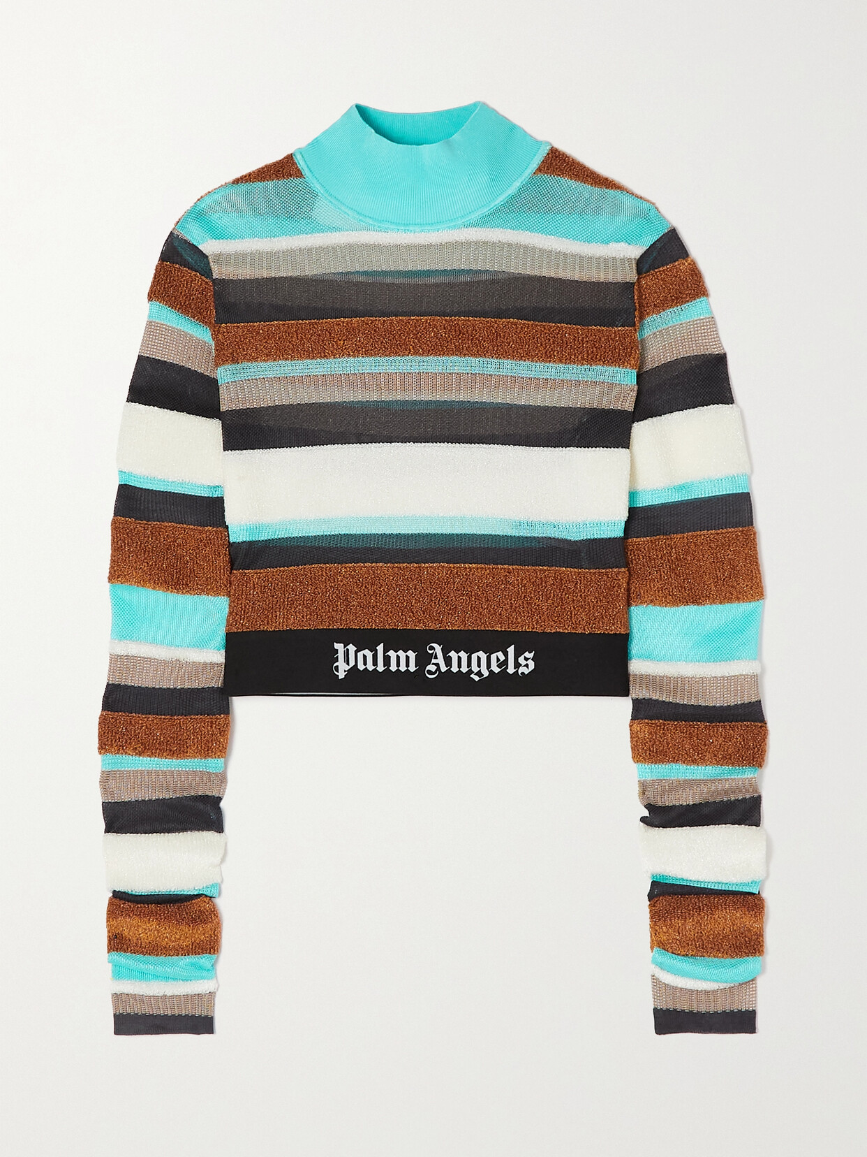 Palm Angels - Cropped Striped Metallic Knitted Turtleneck Top - Blue