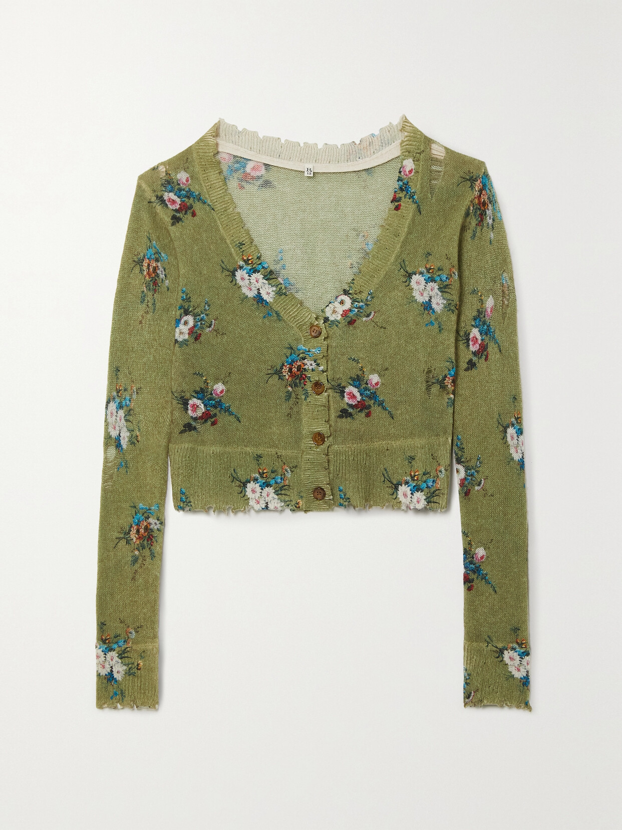 R13 - Cropped Distressed Floral-print Cashmere Cardigan - Green