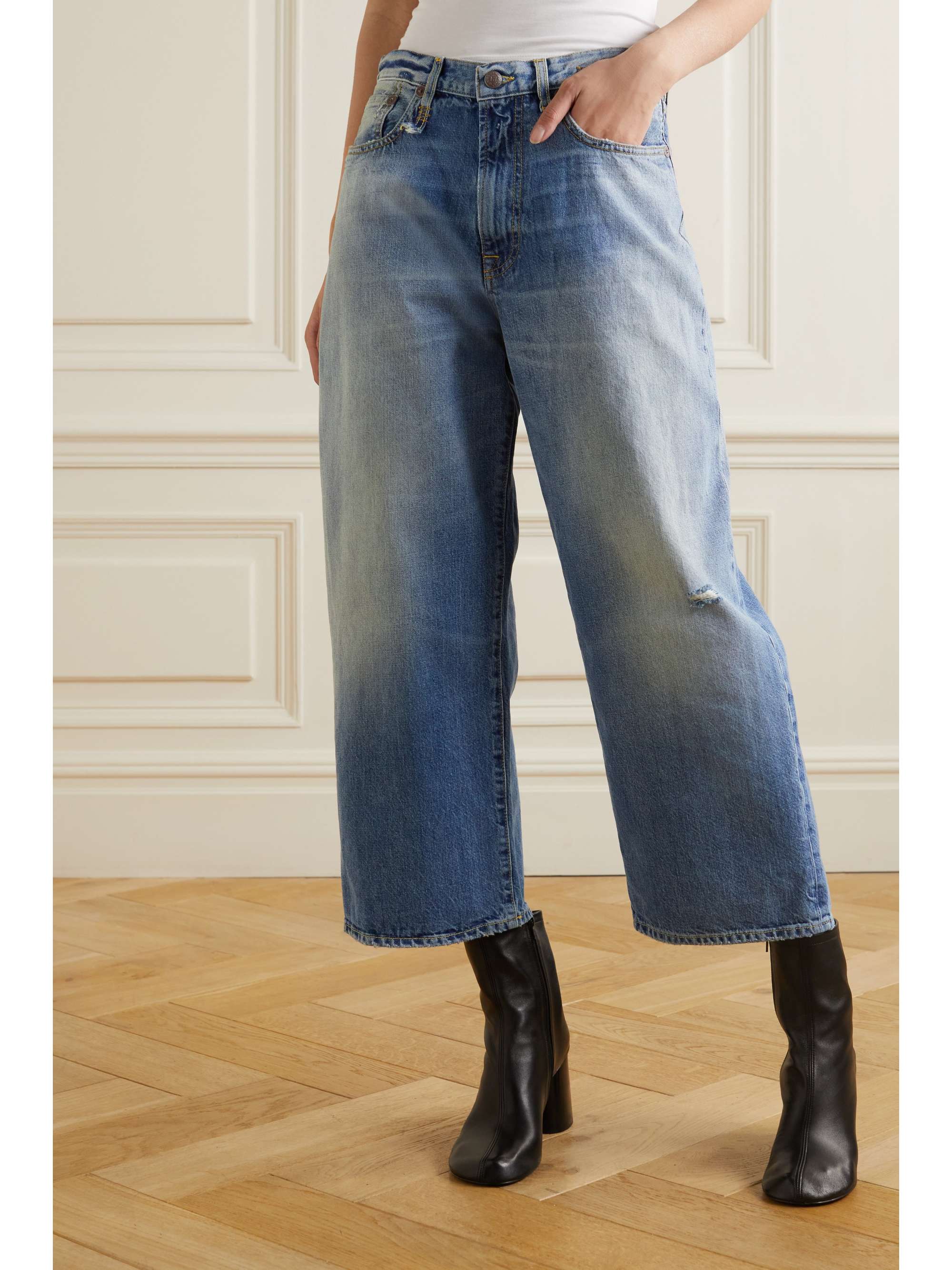 R13 D'Arcy cropped distressed high-rise wide-leg jeans