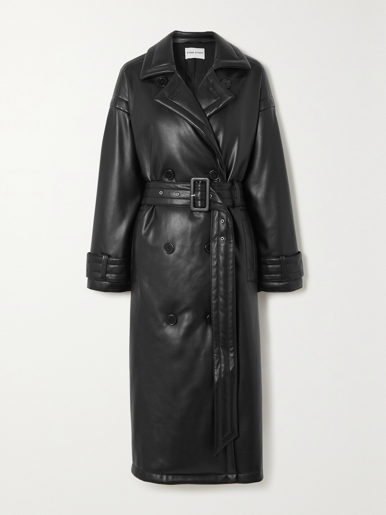 Stand Studio Emily Belted Padded Faux Leather Trench Coat In Black ...