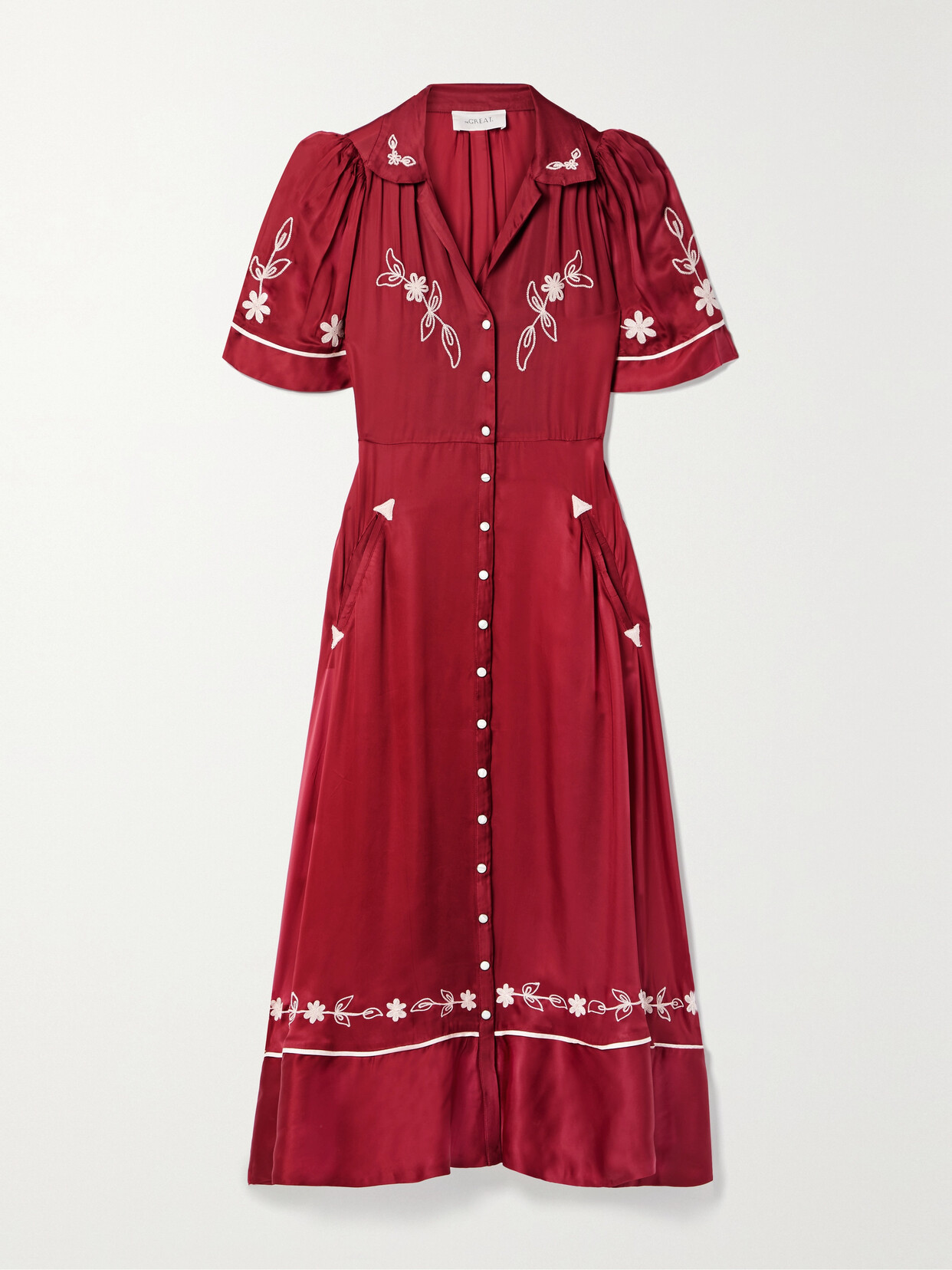 The Great - The Western Bridge Embroidered Duchesse-satin Midi Dress - Burgundy 22 Awaiting product image