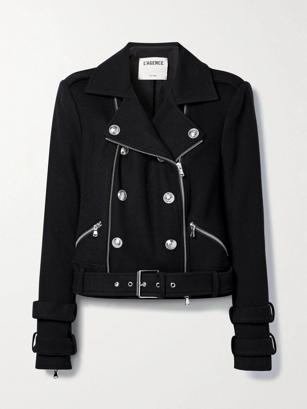 L AGENCE BILLIE BUTTON-EMBELLISHED WOOL-BLEND BIKER JACKET