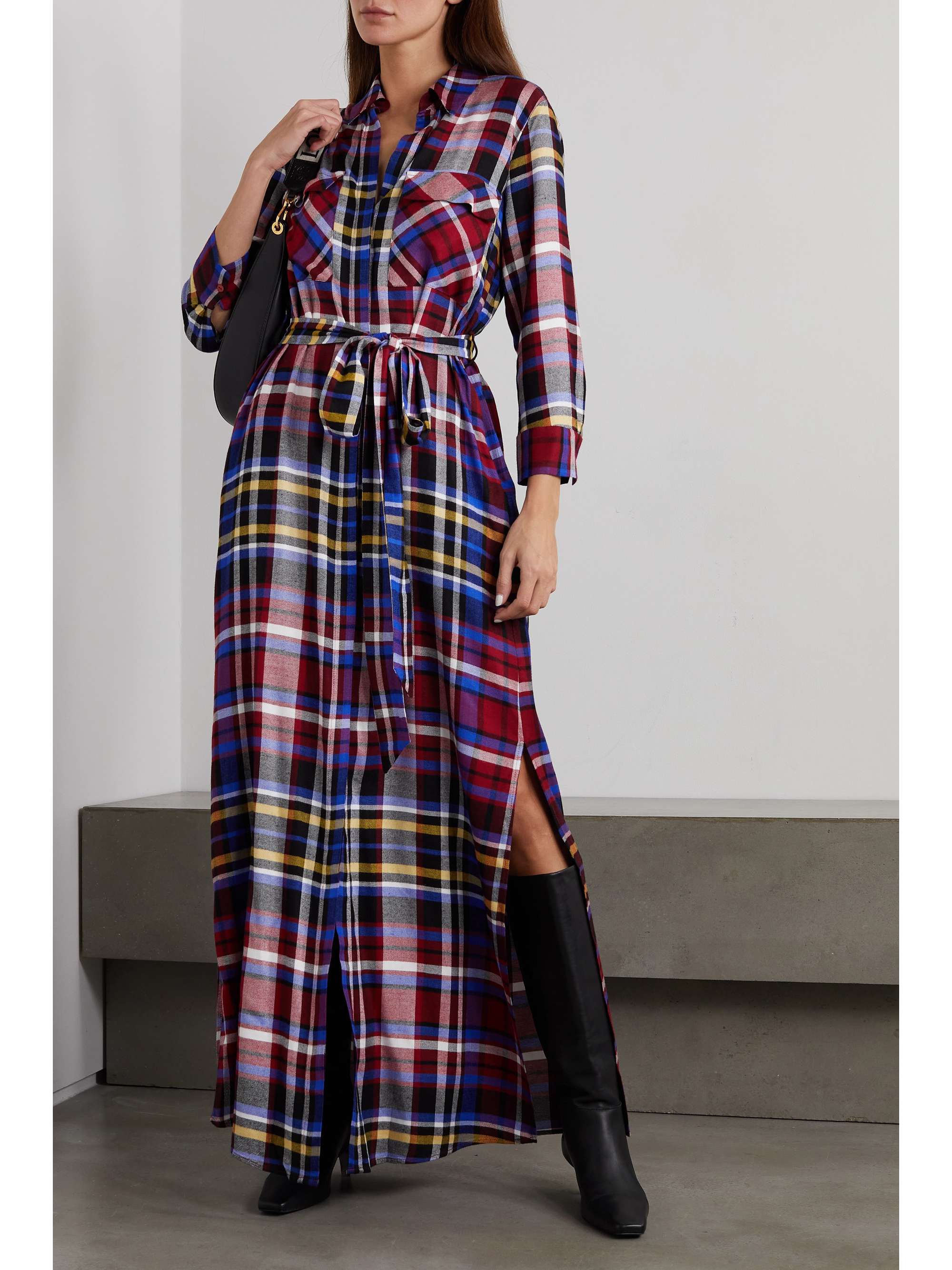 L'AGENCE Cameron belted plaid jersey maxi shirt dress