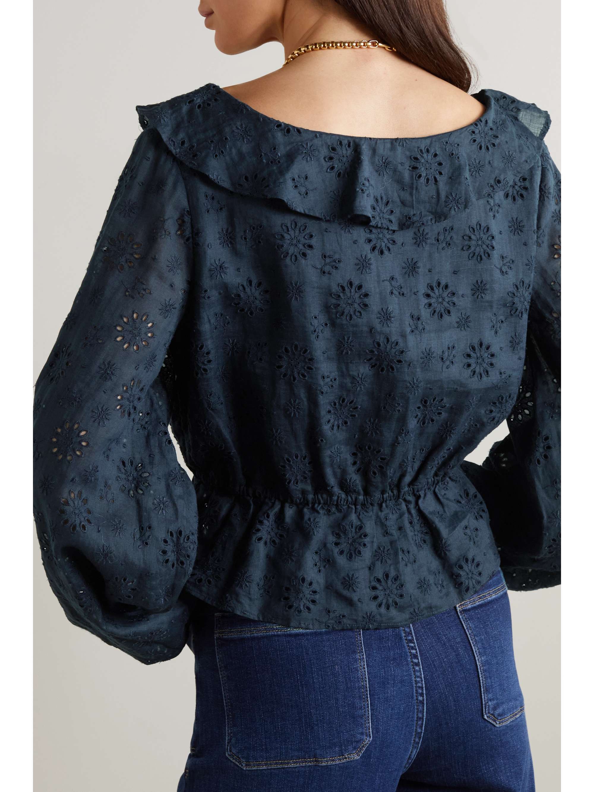 FRAME Ruffled broderie anglaise ramie top