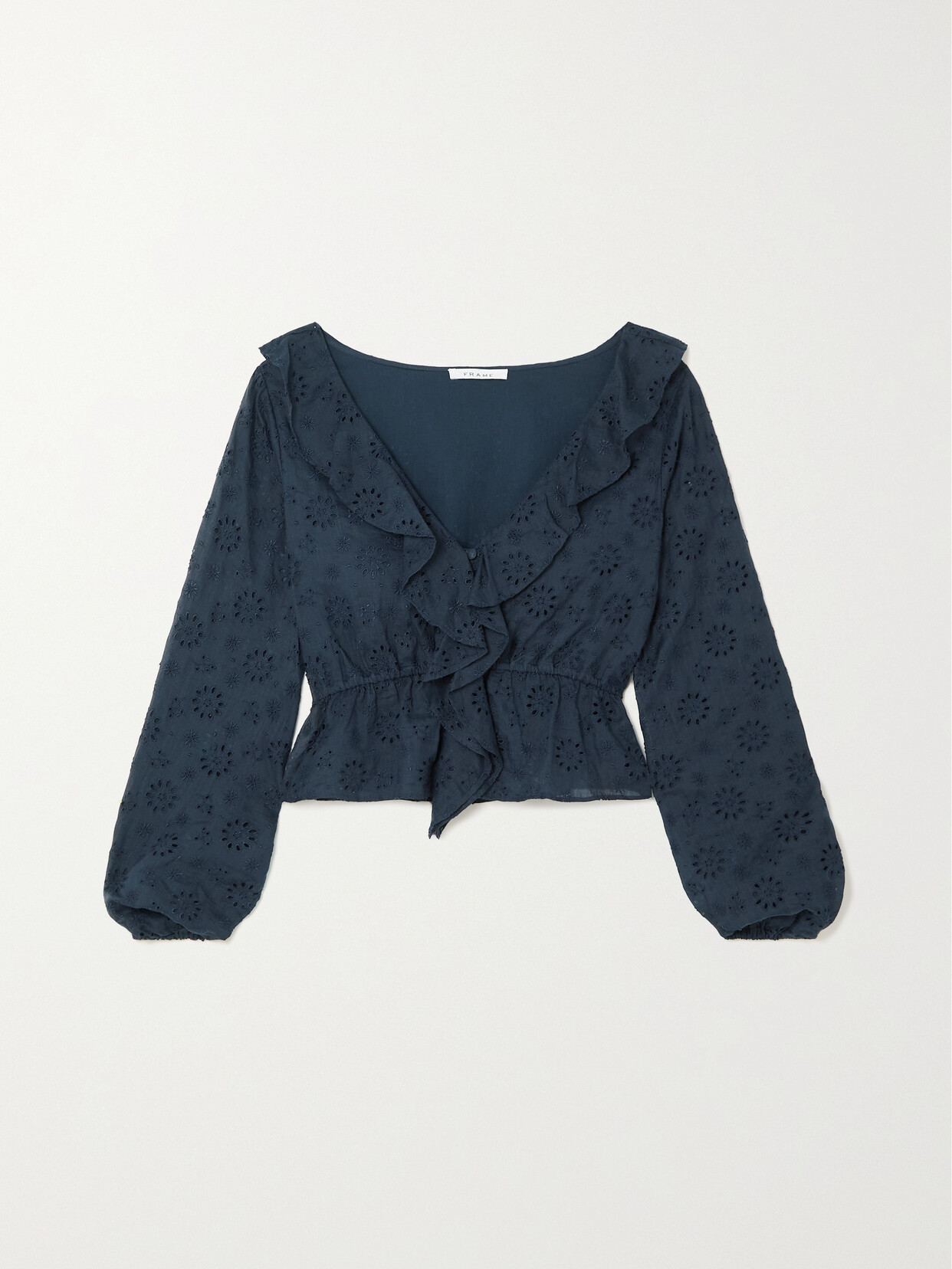 FRAME Ruffled Broderie Anglaise Ramie Top - Blue