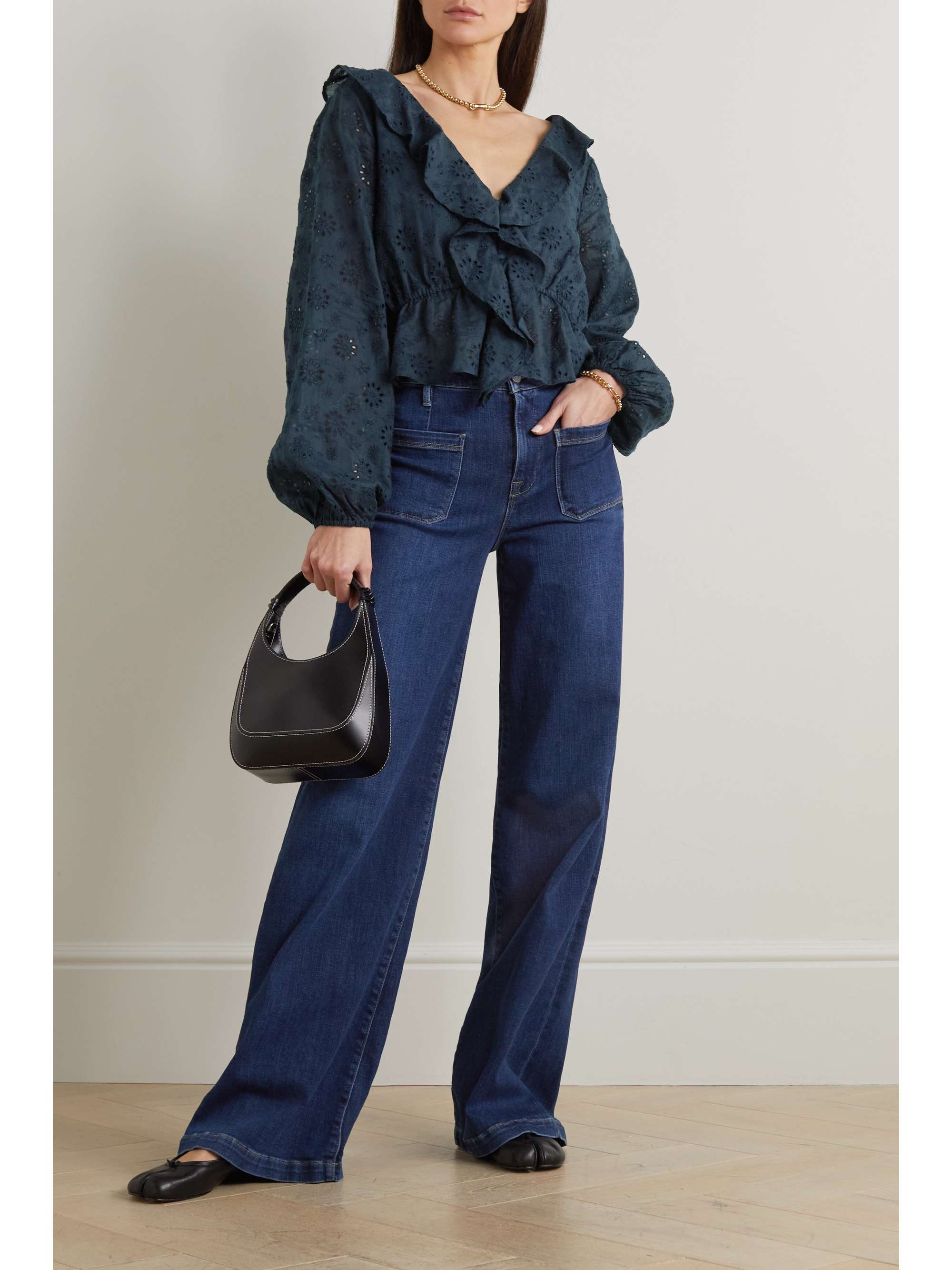 FRAME Ruffled broderie anglaise ramie top