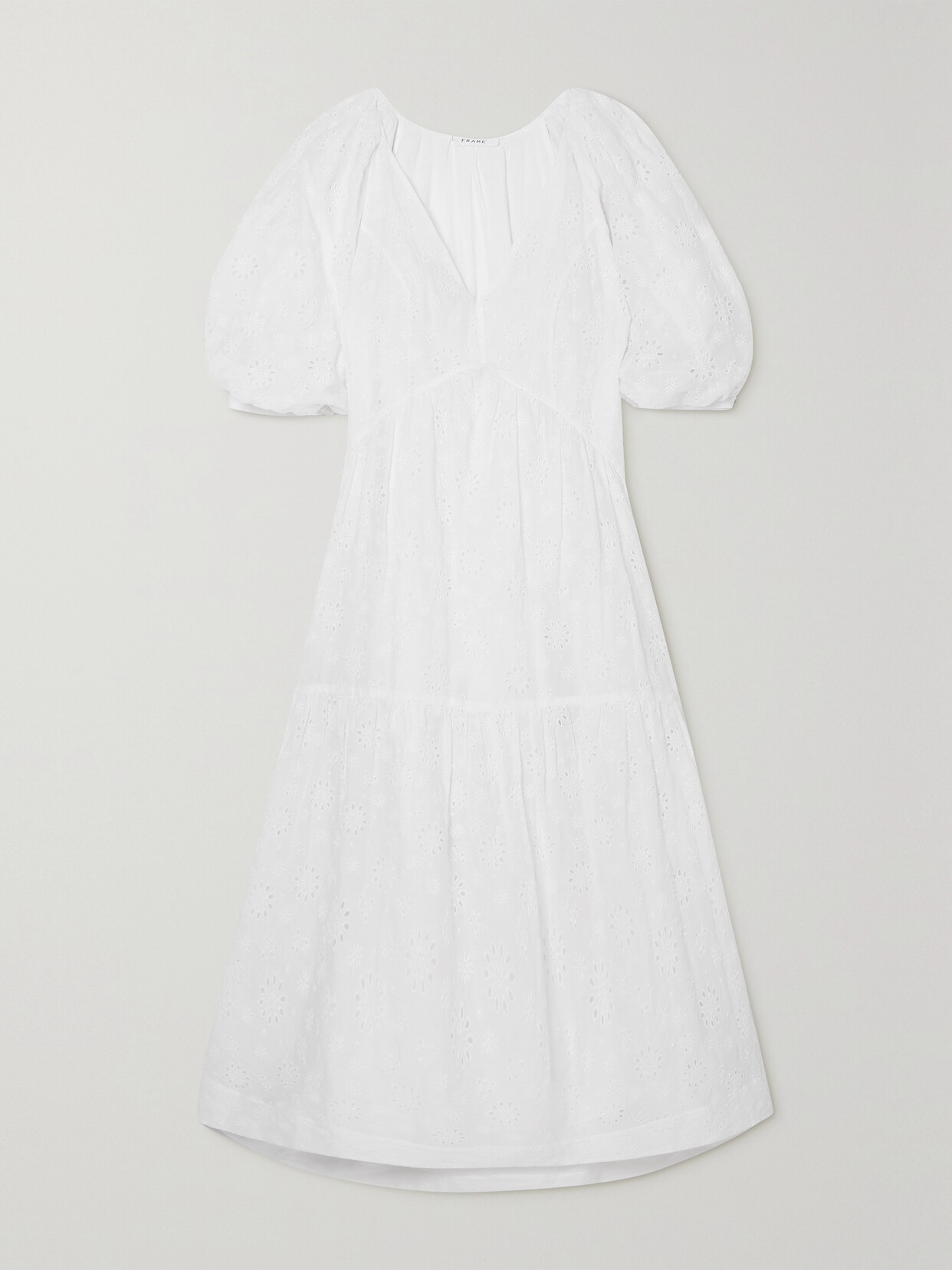 Frame Puff Sleeve Eyelet Midi Dress In Blanc
