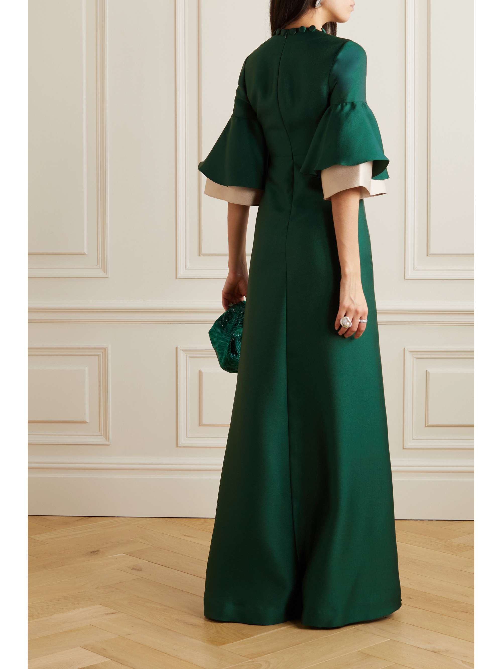 REEM ACRA Button-embellished ruffled satin-piqué gown | NET-A-PORTER