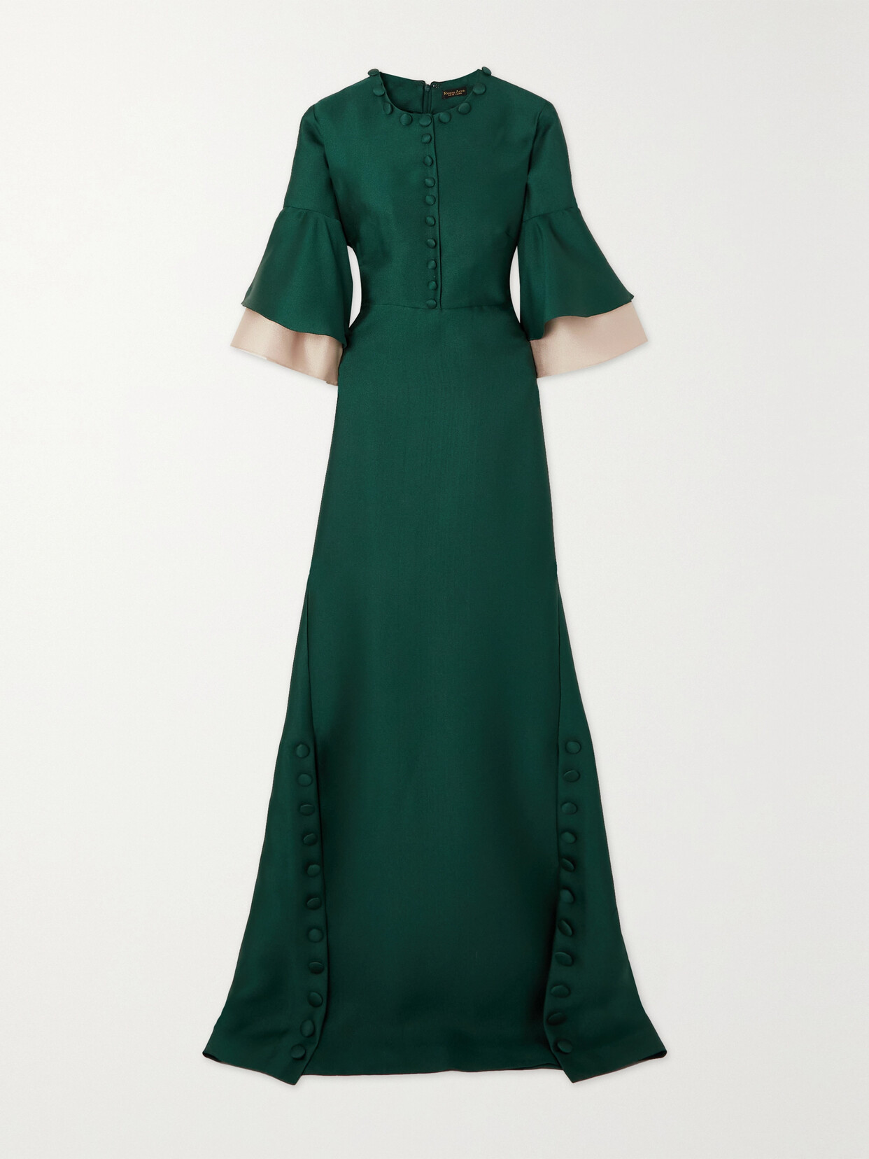 Reem Acra - Button-embellished Ruffled Satin-piqué Gown - Green