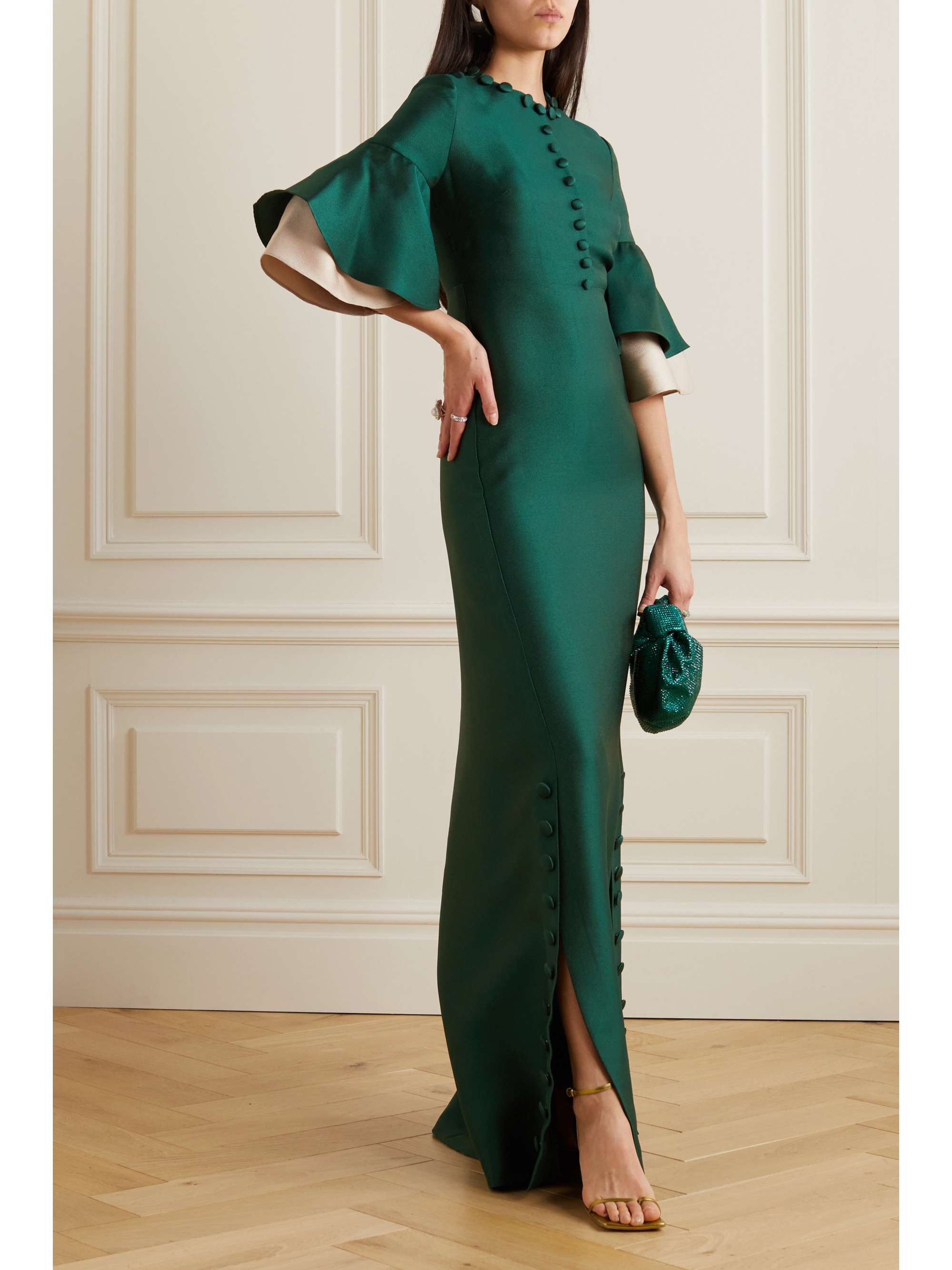 REEM ACRA 纽扣缀饰荷叶边缎面珠地布礼服
