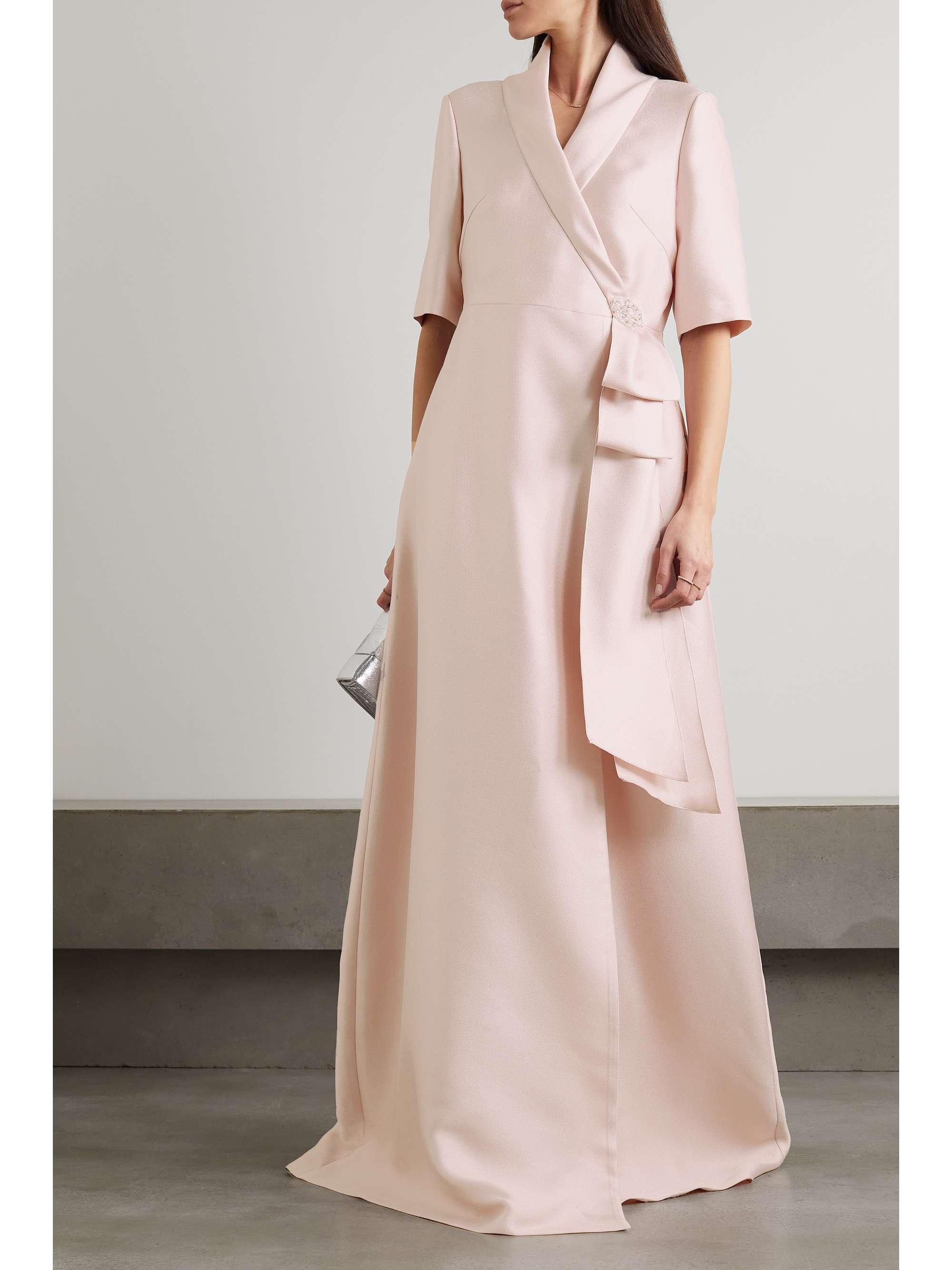 REEM ACRA 带缀饰围裹效果珠地日本厚缎礼服