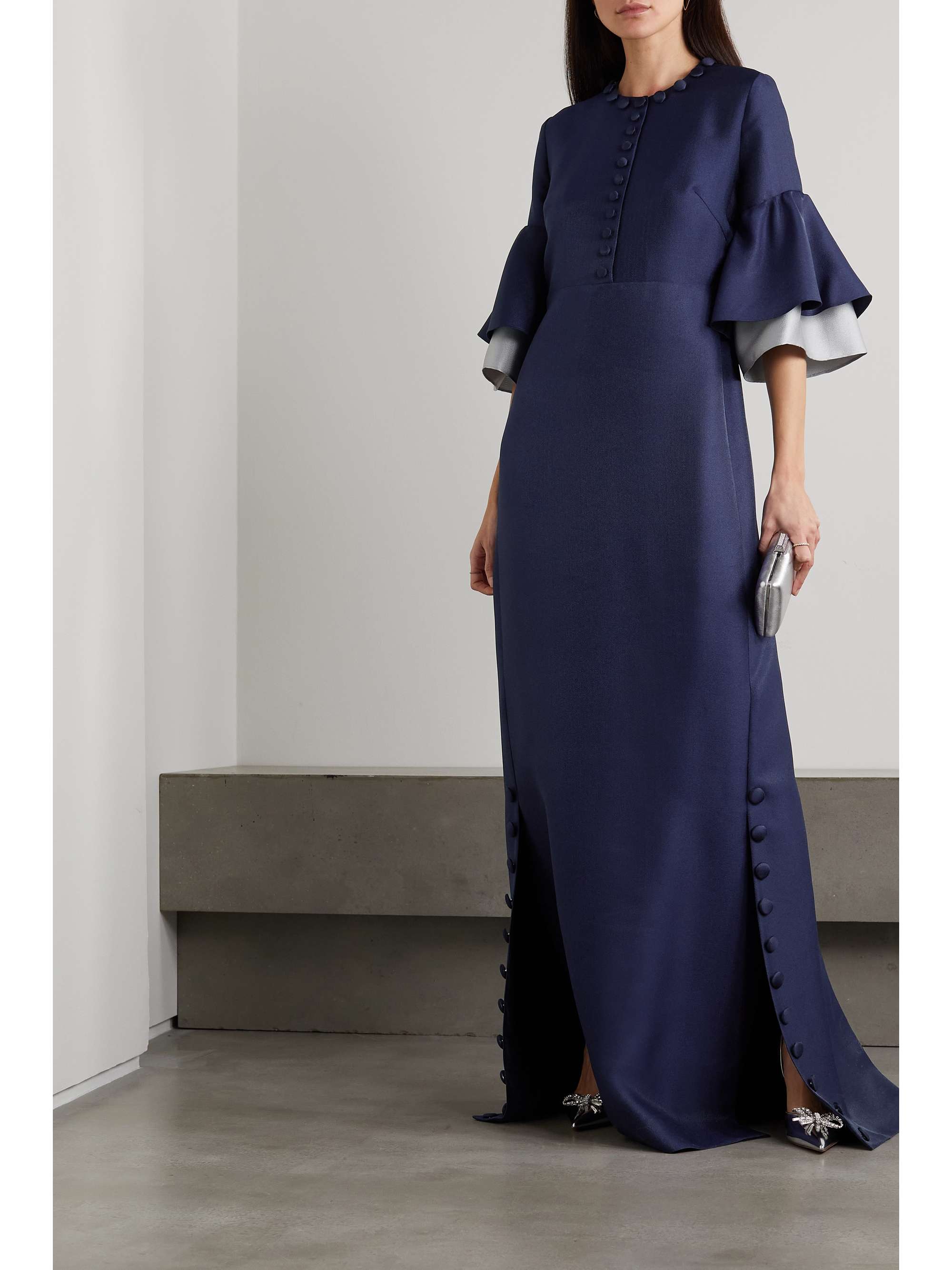 REEM ACRA Button-embellished ruffled satin-piqué gown