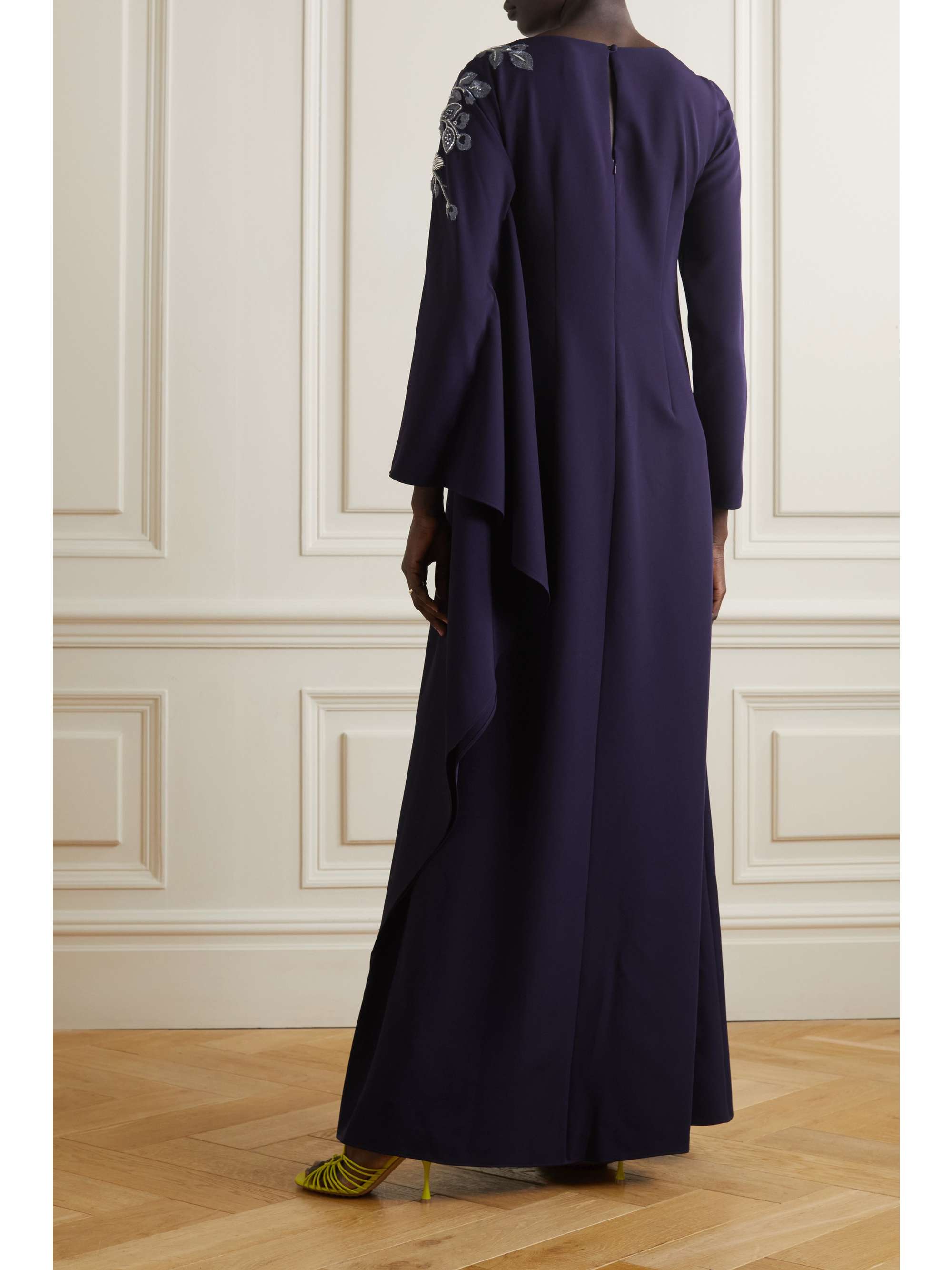 MARCHESA NOTTE 드레이프 비즈 장식 자수 스트레치 크레이프 가운