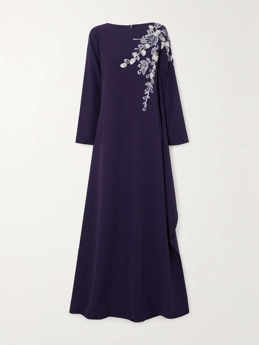 Marchesa Notte Draped Bead-embellished Embroidered Stretch-crepe Gown